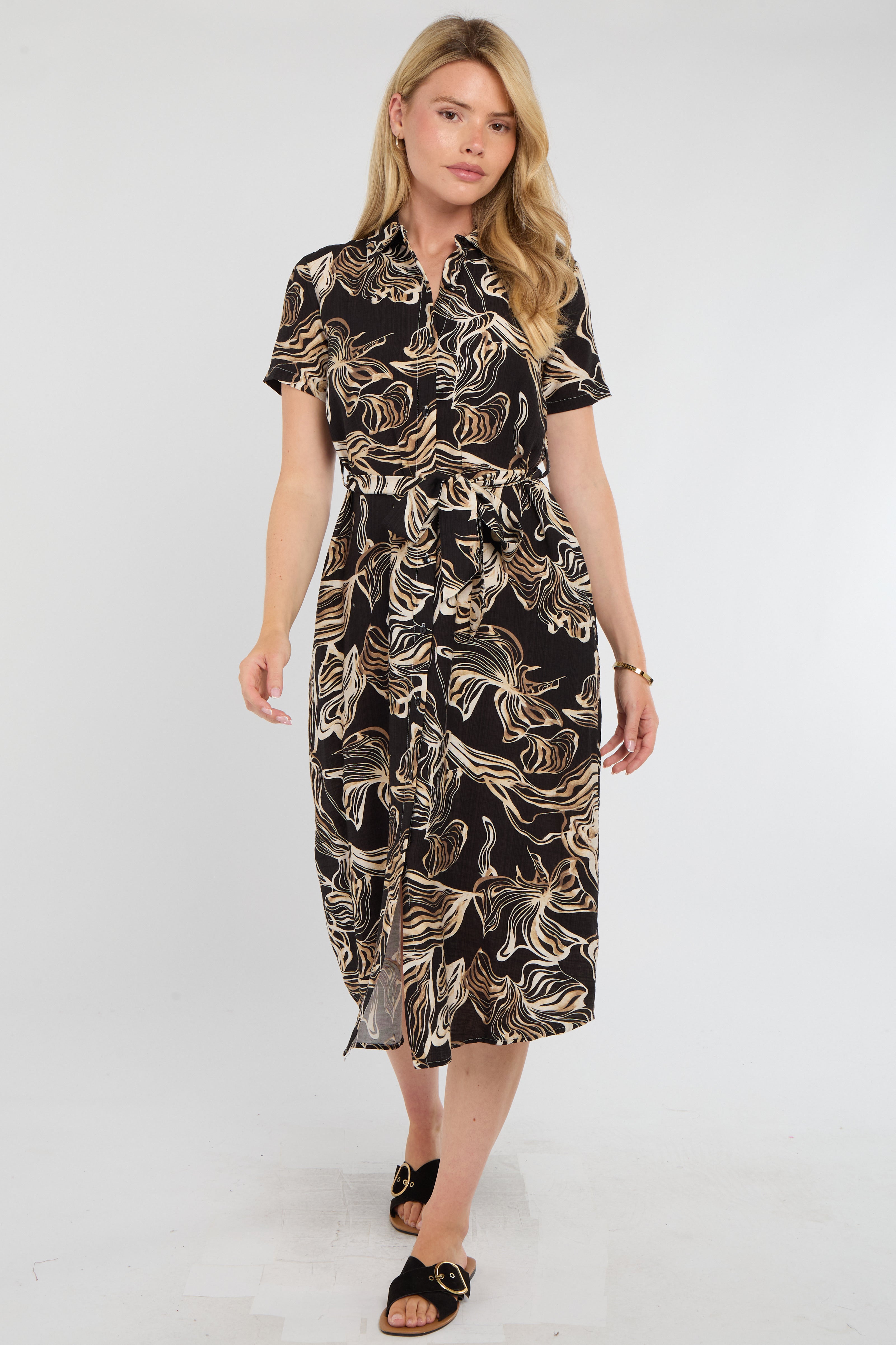 8Pcs Black Swirl Print Short Sleeve Midi Shirt Dress