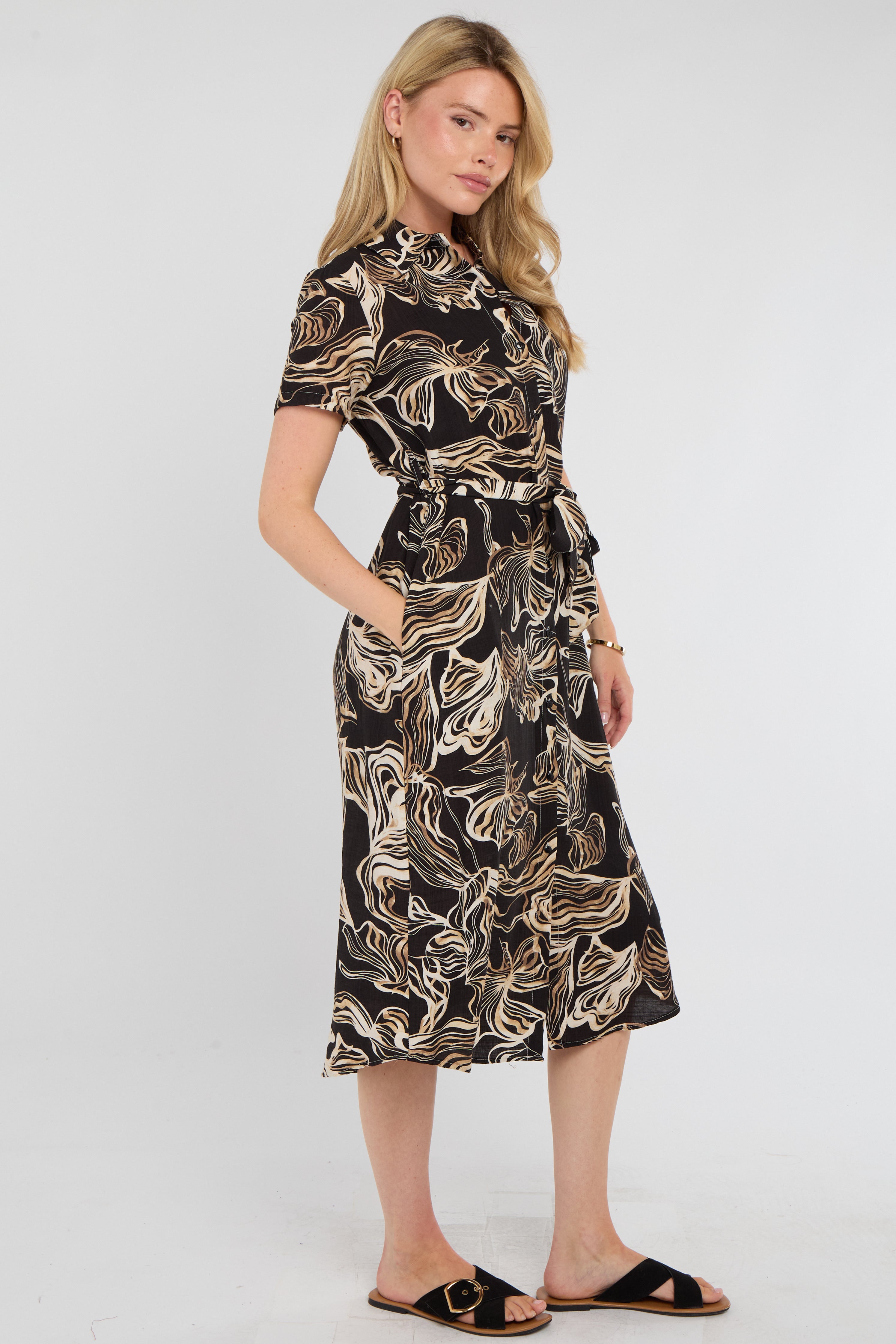 8Pcs Black Swirl Print Short Sleeve Midi Shirt Dress