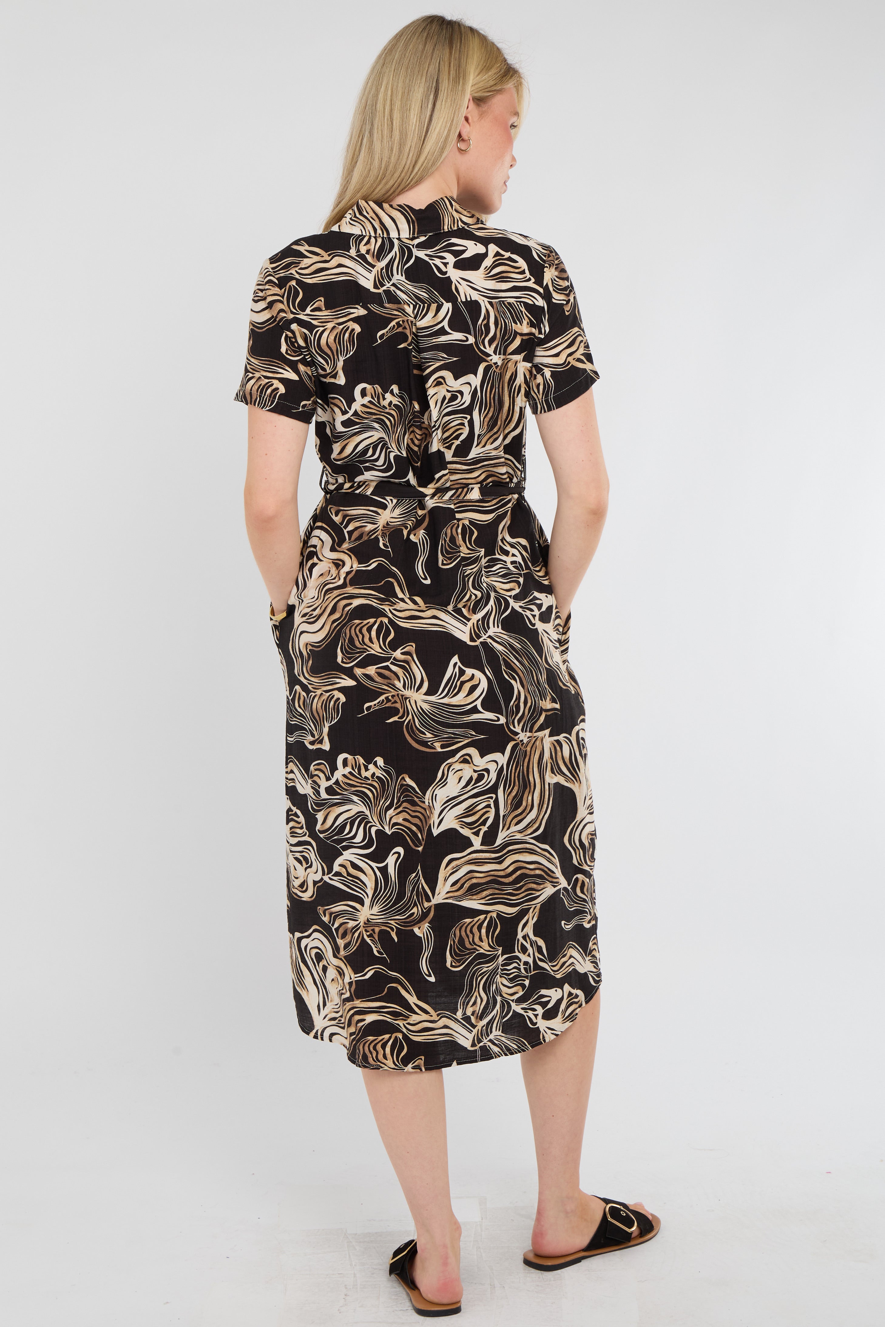 8Pcs Black Swirl Print Short Sleeve Midi Shirt Dress