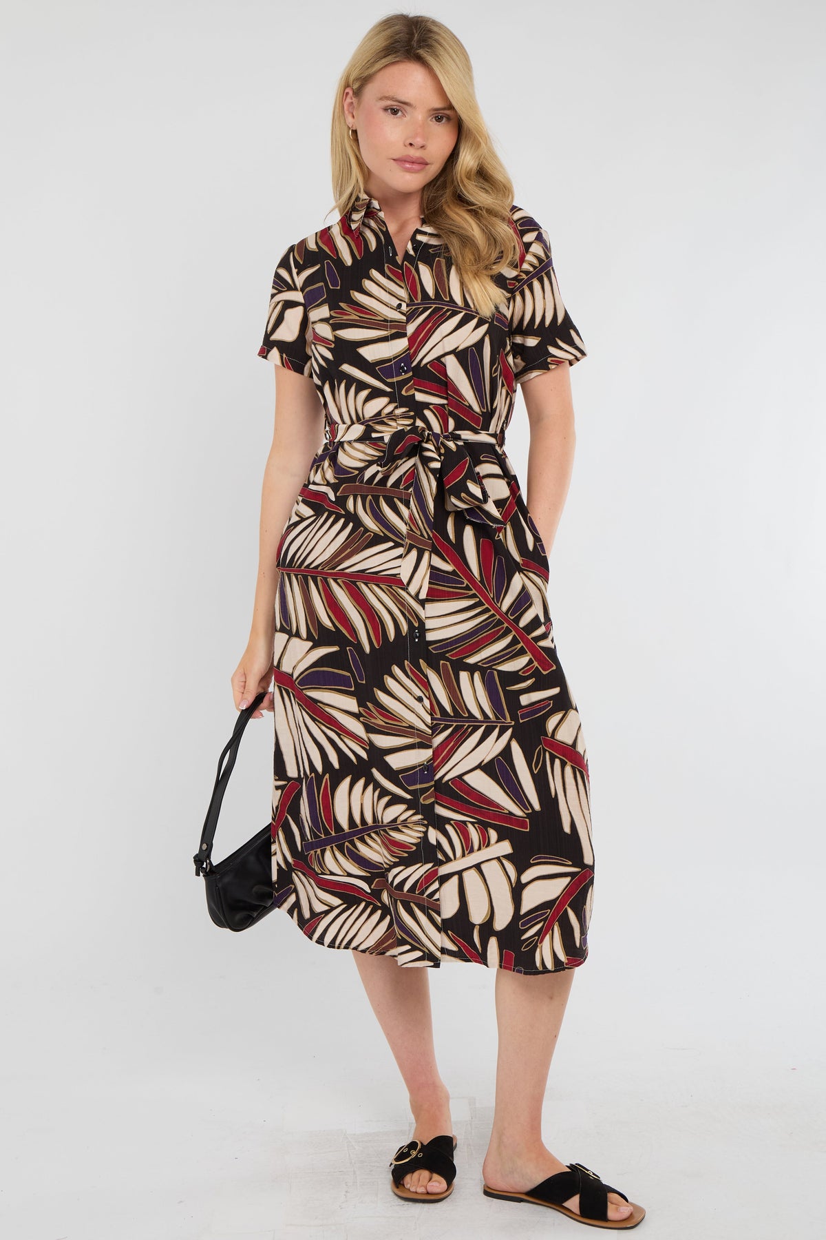 8Pcs Black Bold Leaf Print Midi Shirt Dress
