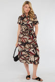 8Pcs Black Bold Leaf Print Midi Shirt Dress