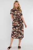 8Pcs Black Bold Leaf Print Midi Shirt Dress