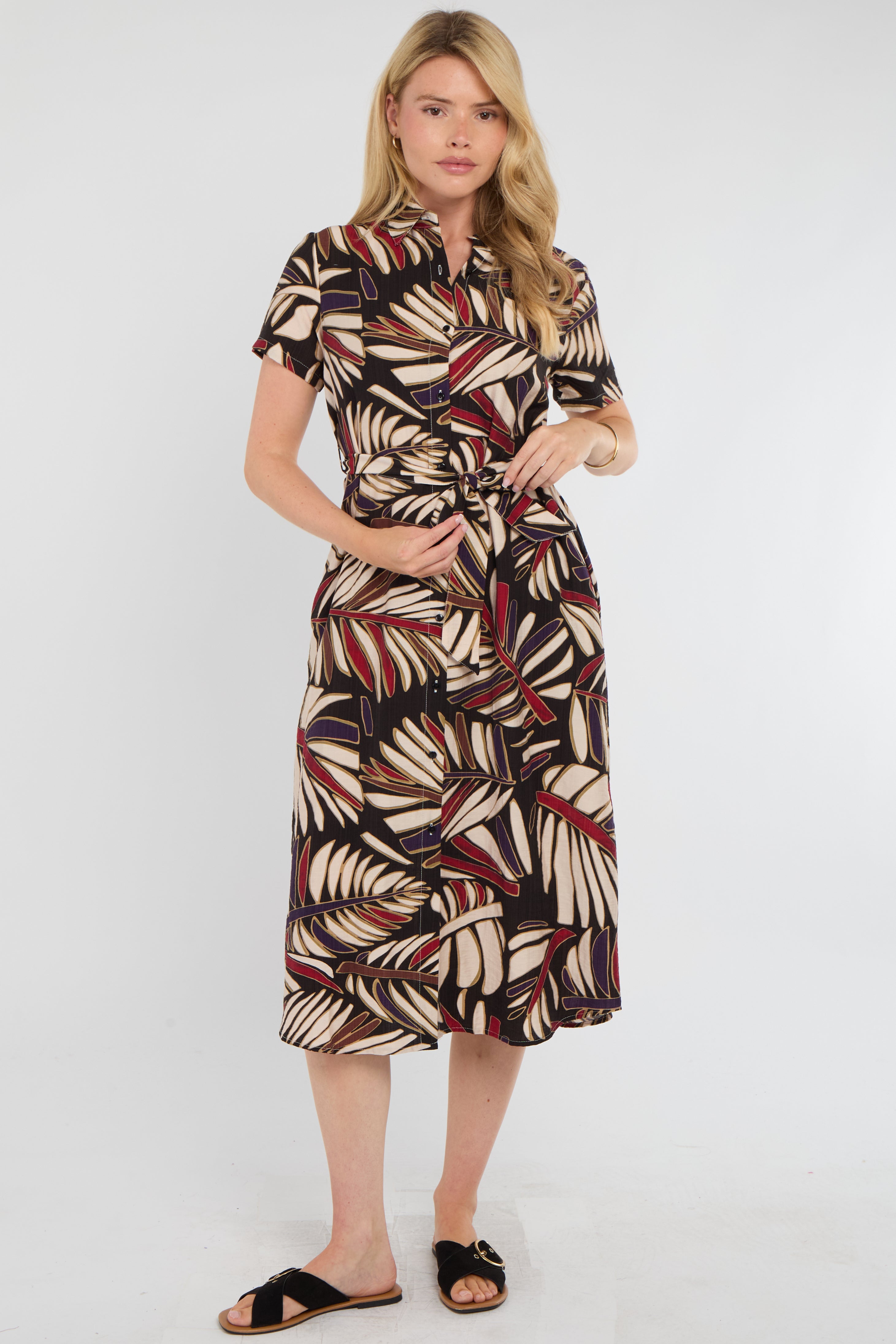 8Pcs Black Bold Leaf Print Midi Shirt Dress