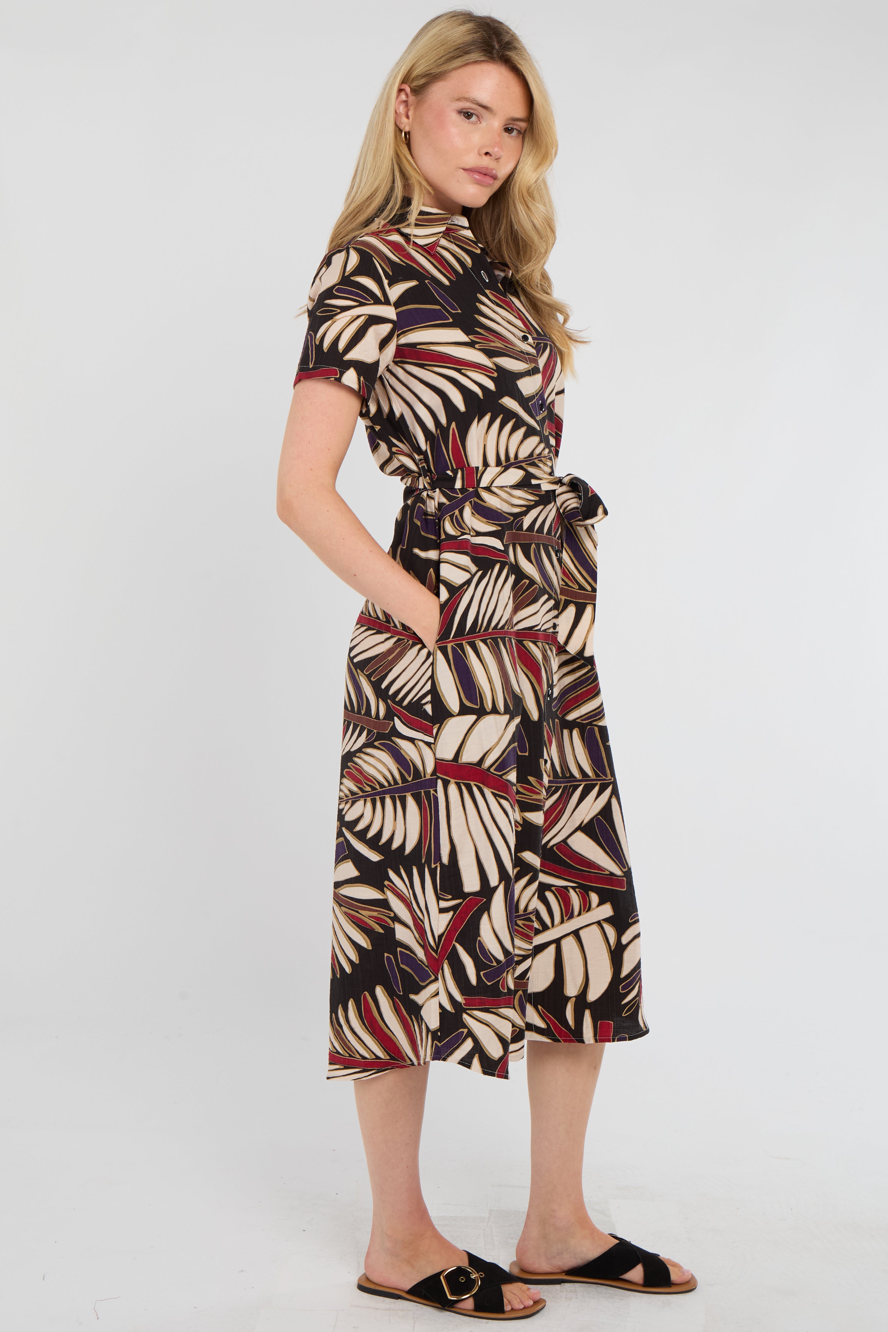8Pcs Black Bold Leaf Print Midi Shirt Dress