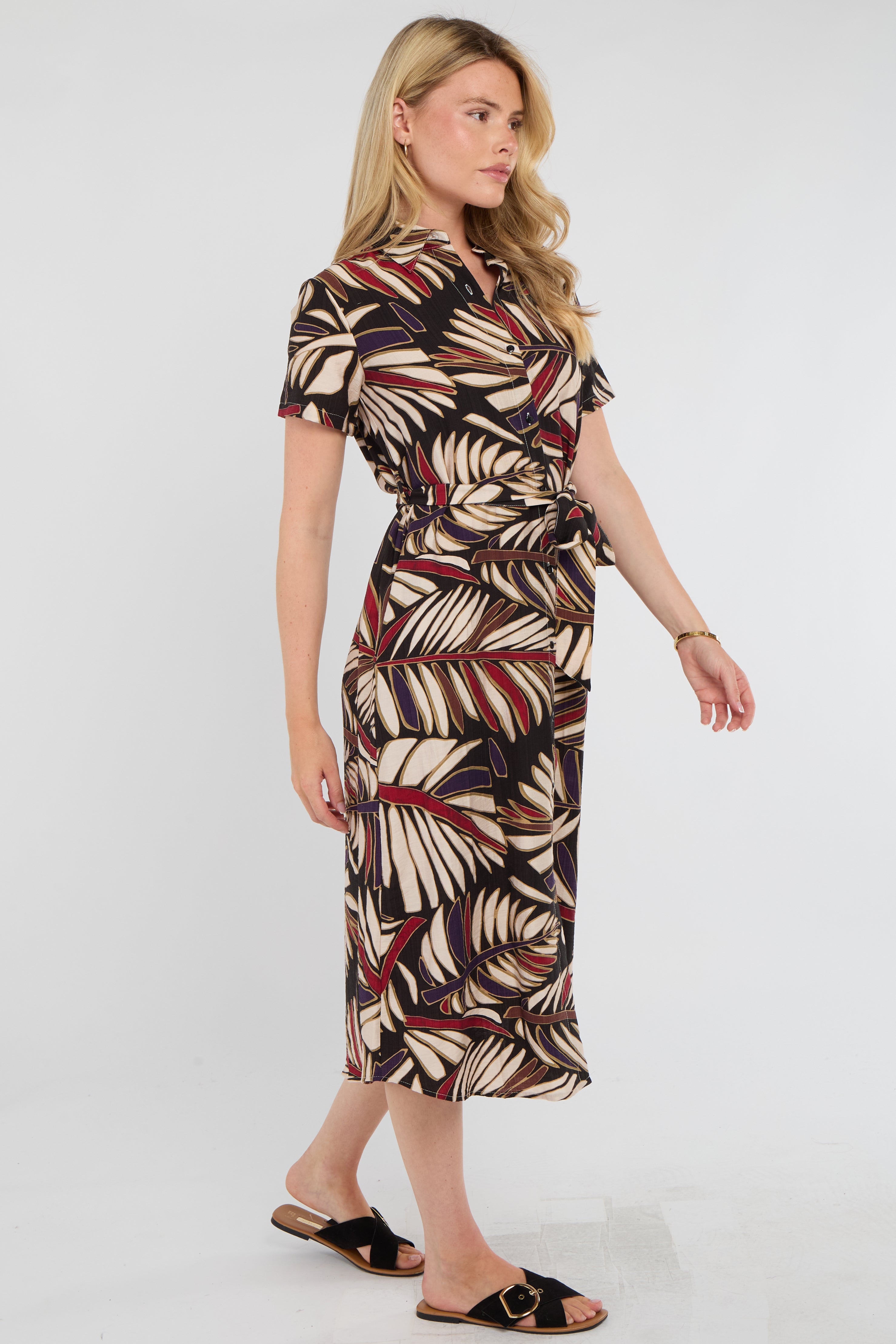 8Pcs Black Bold Leaf Print Midi Shirt Dress