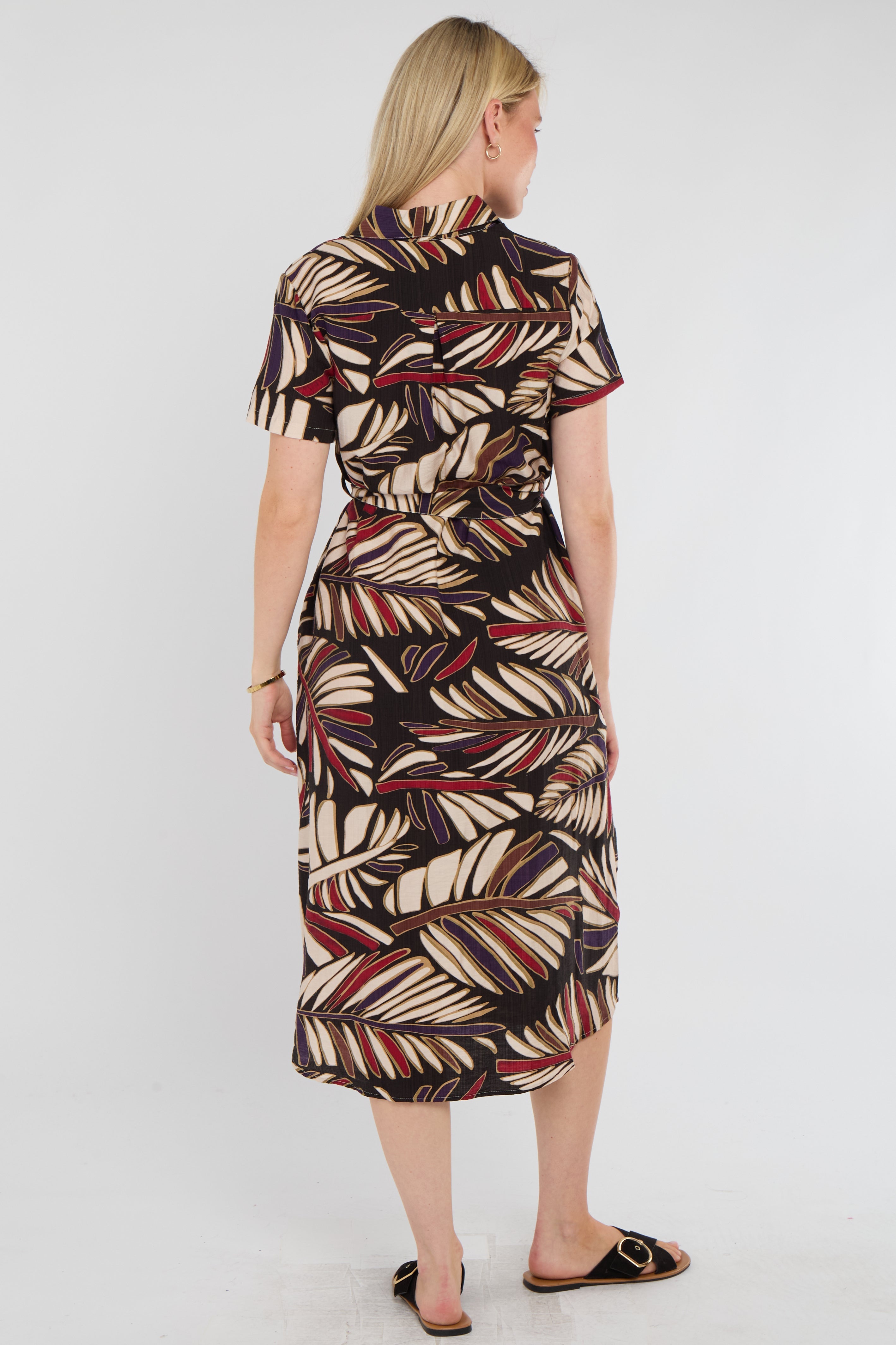8Pcs Black Bold Leaf Print Midi Shirt Dress