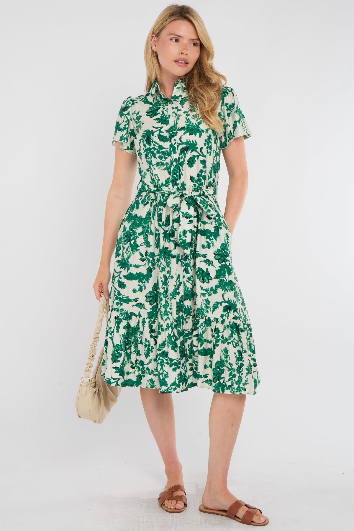 8Pcs Green Leaf Print Linen-Blend Midi Shirt Dress