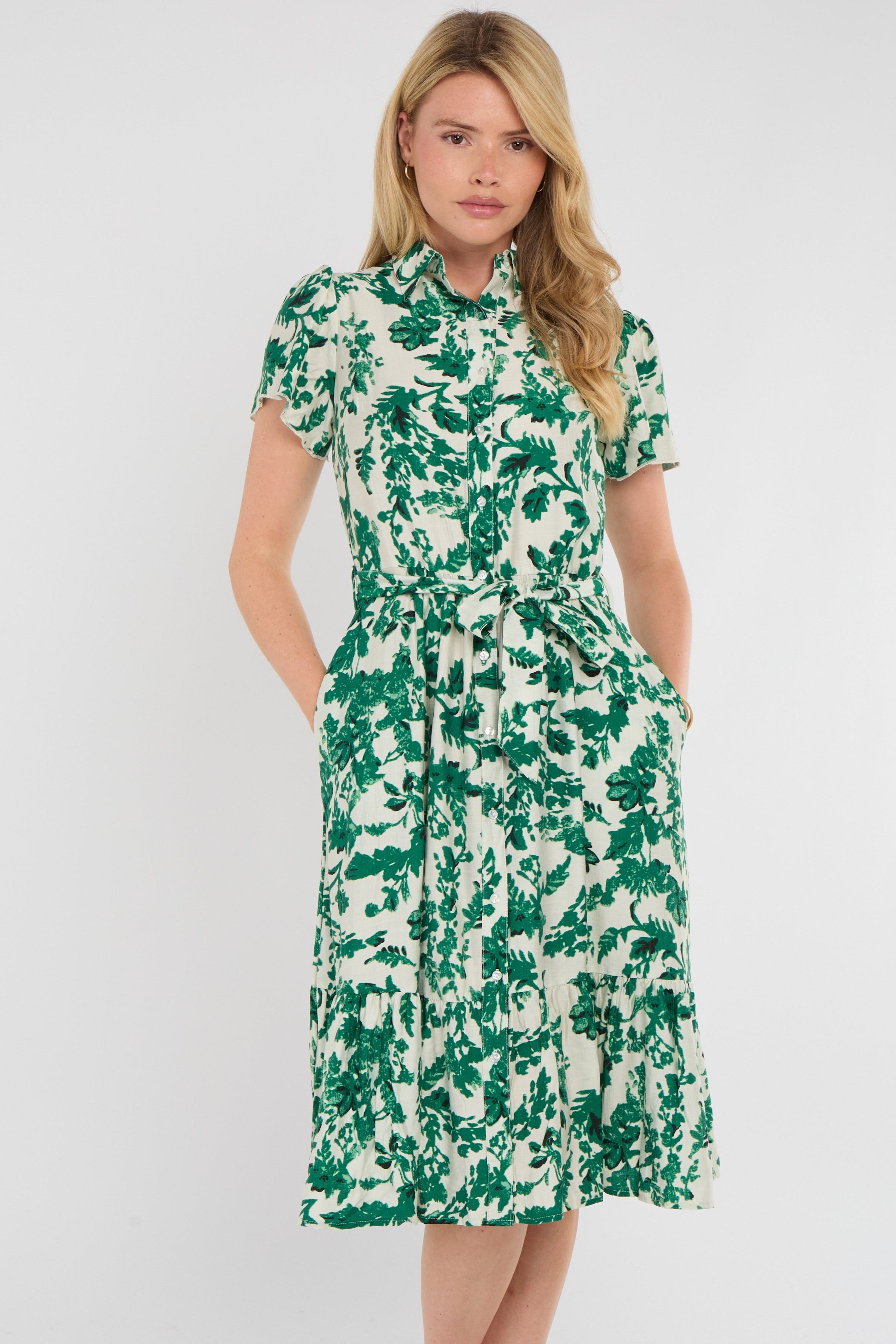 8Pcs Green Leaf Print Linen-Blend Midi Shirt Dress