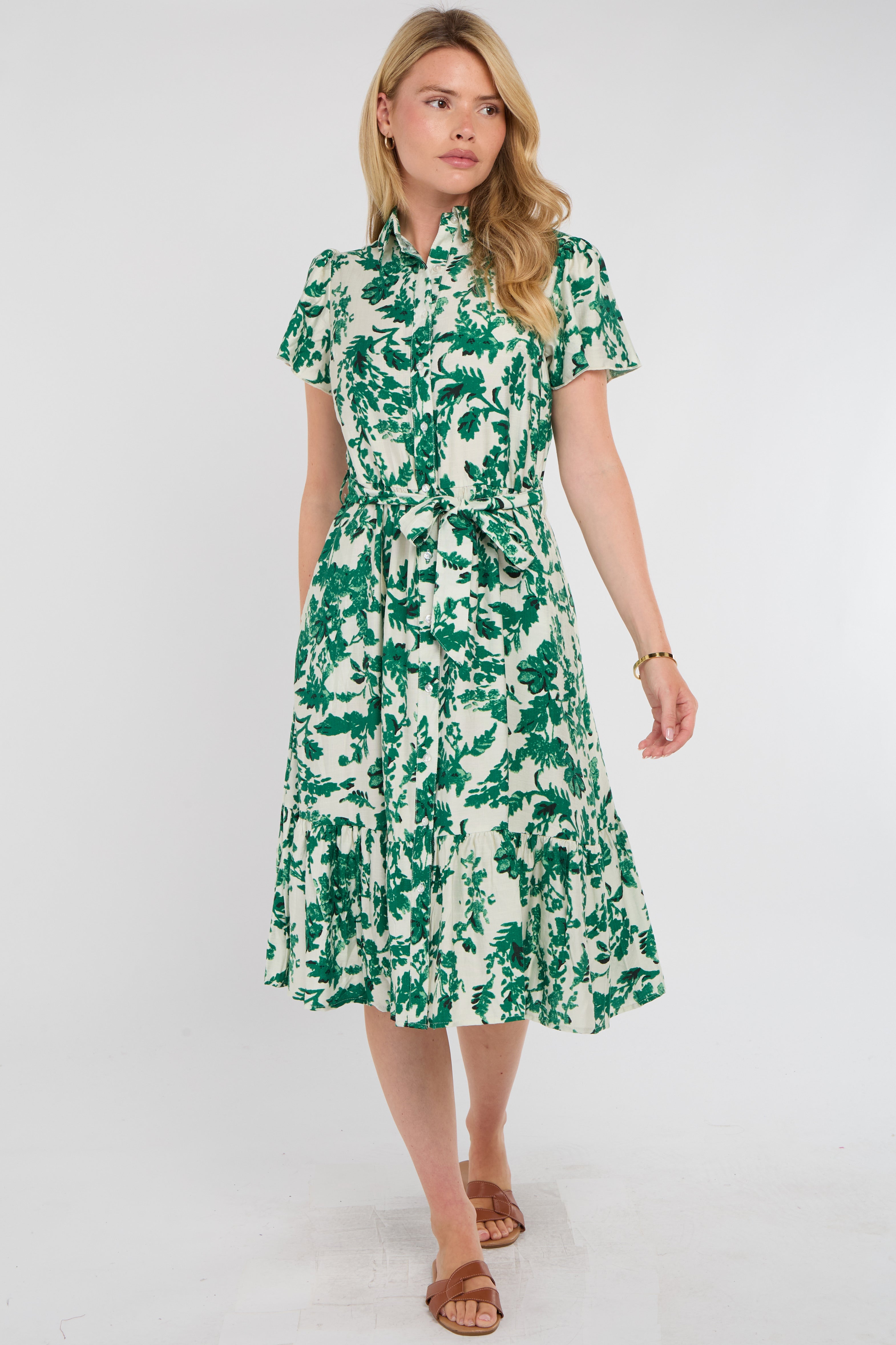 8Pcs Green Leaf Print Linen-Blend Midi Shirt Dress