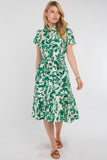 8Pcs Green Leaf Print Linen-Blend Midi Shirt Dress