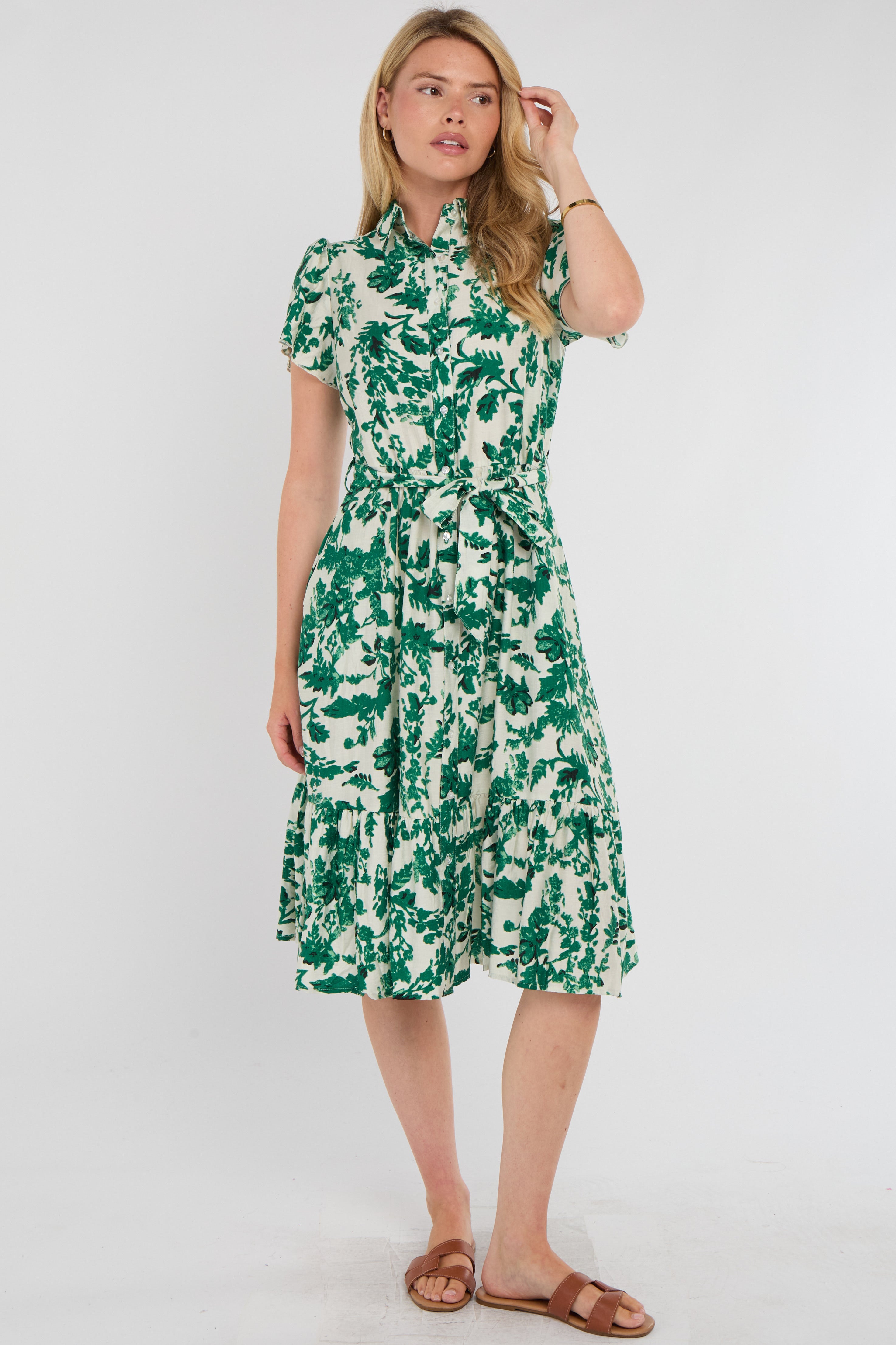 8Pcs Green Leaf Print Linen-Blend Midi Shirt Dress