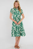 8Pcs Green Leaf Print Linen-Blend Midi Shirt Dress