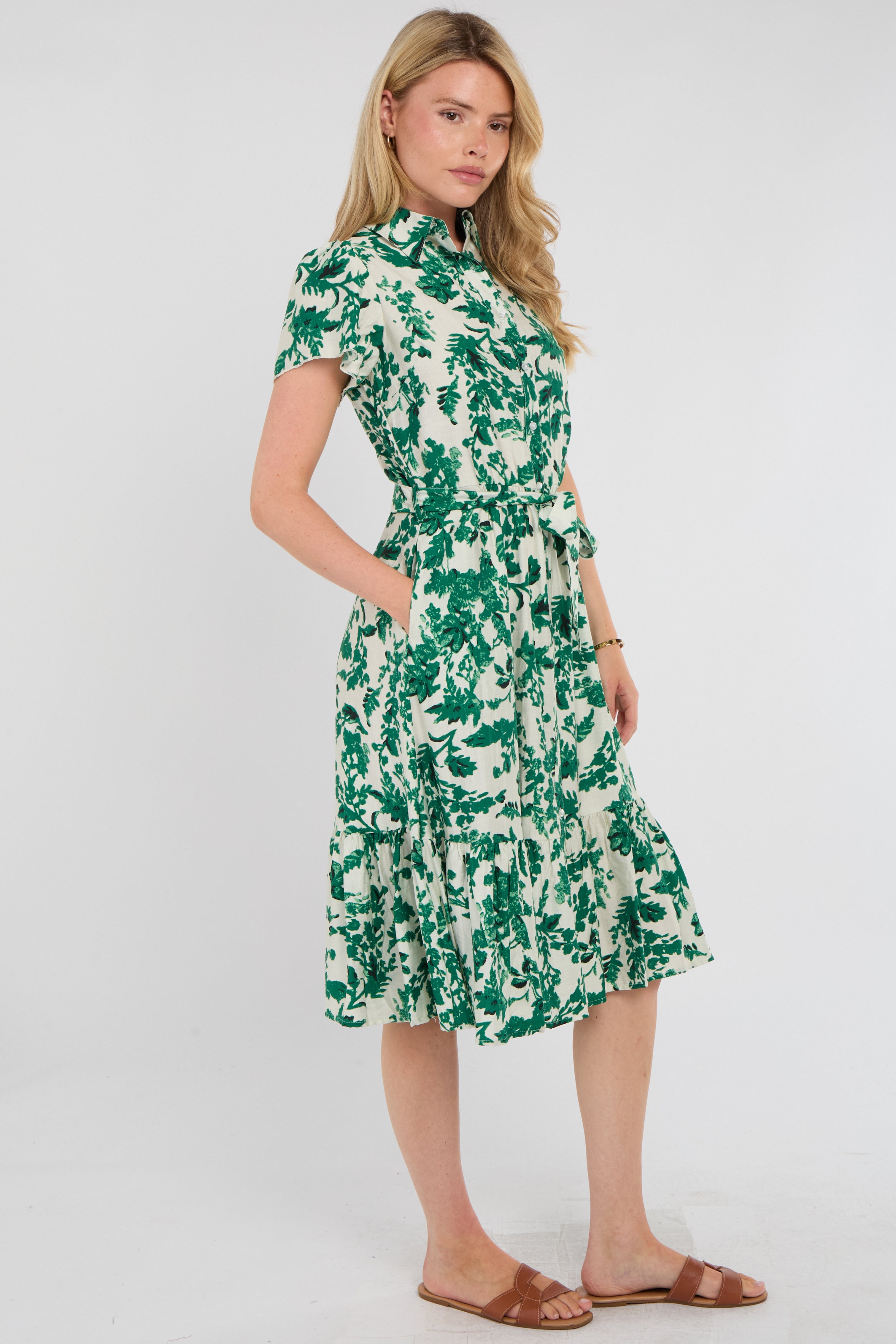 8Pcs Green Leaf Print Linen-Blend Midi Shirt Dress
