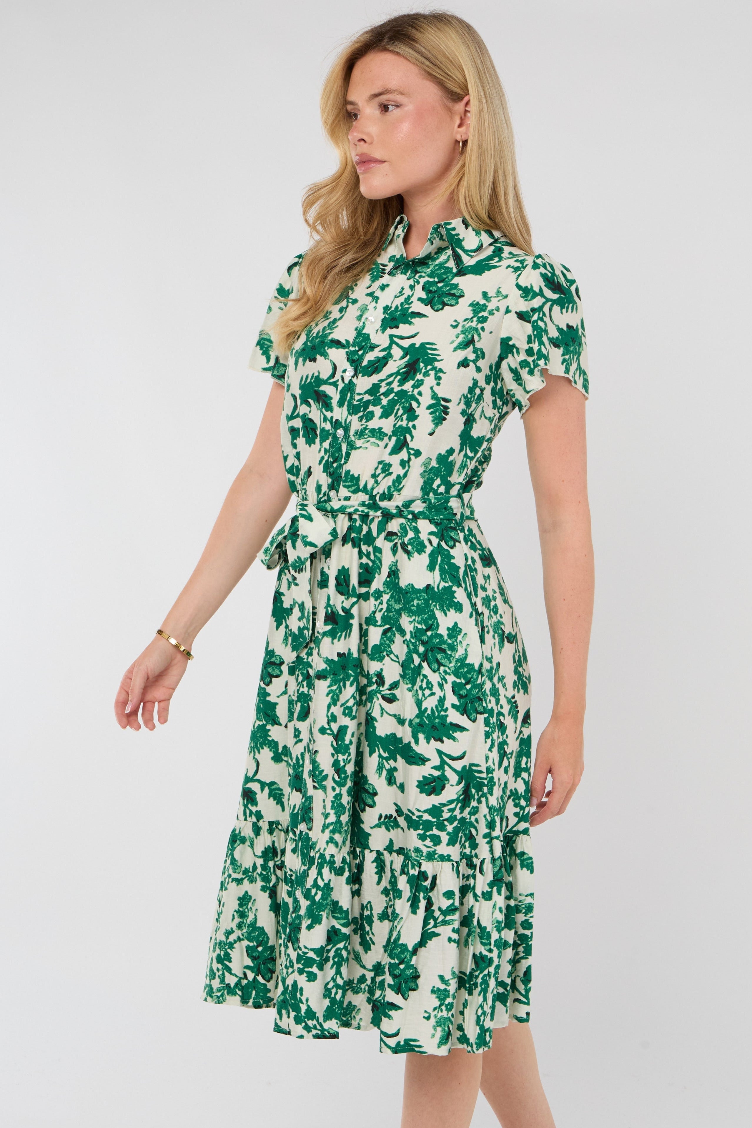 8Pcs Green Leaf Print Linen-Blend Midi Shirt Dress
