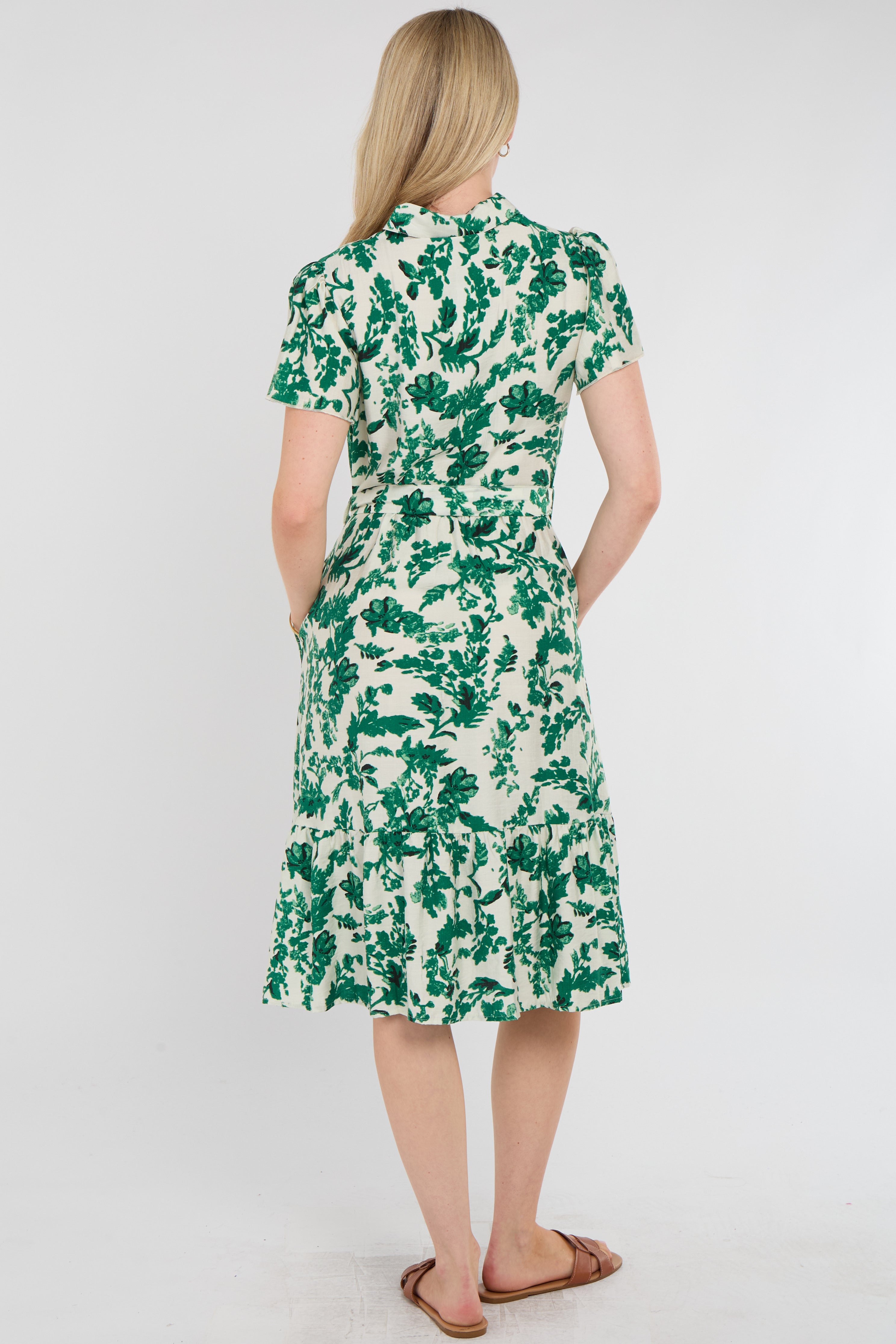 8Pcs Green Leaf Print Linen-Blend Midi Shirt Dress