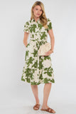 8Pcs Green Botanical Leaf Print Tiered Midi Shirt Dress
