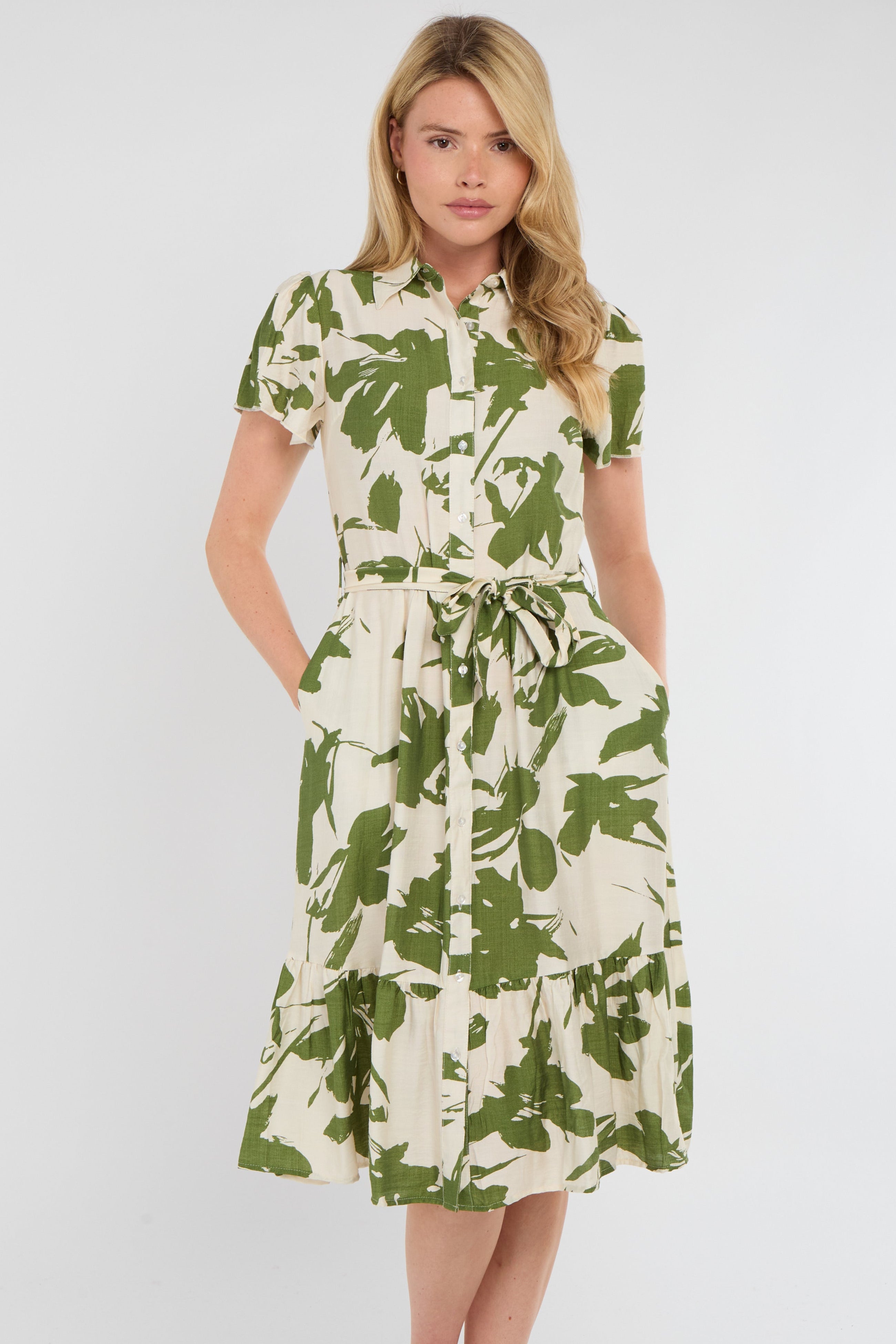 8Pcs Green Botanical Leaf Print Tiered Midi Shirt Dress