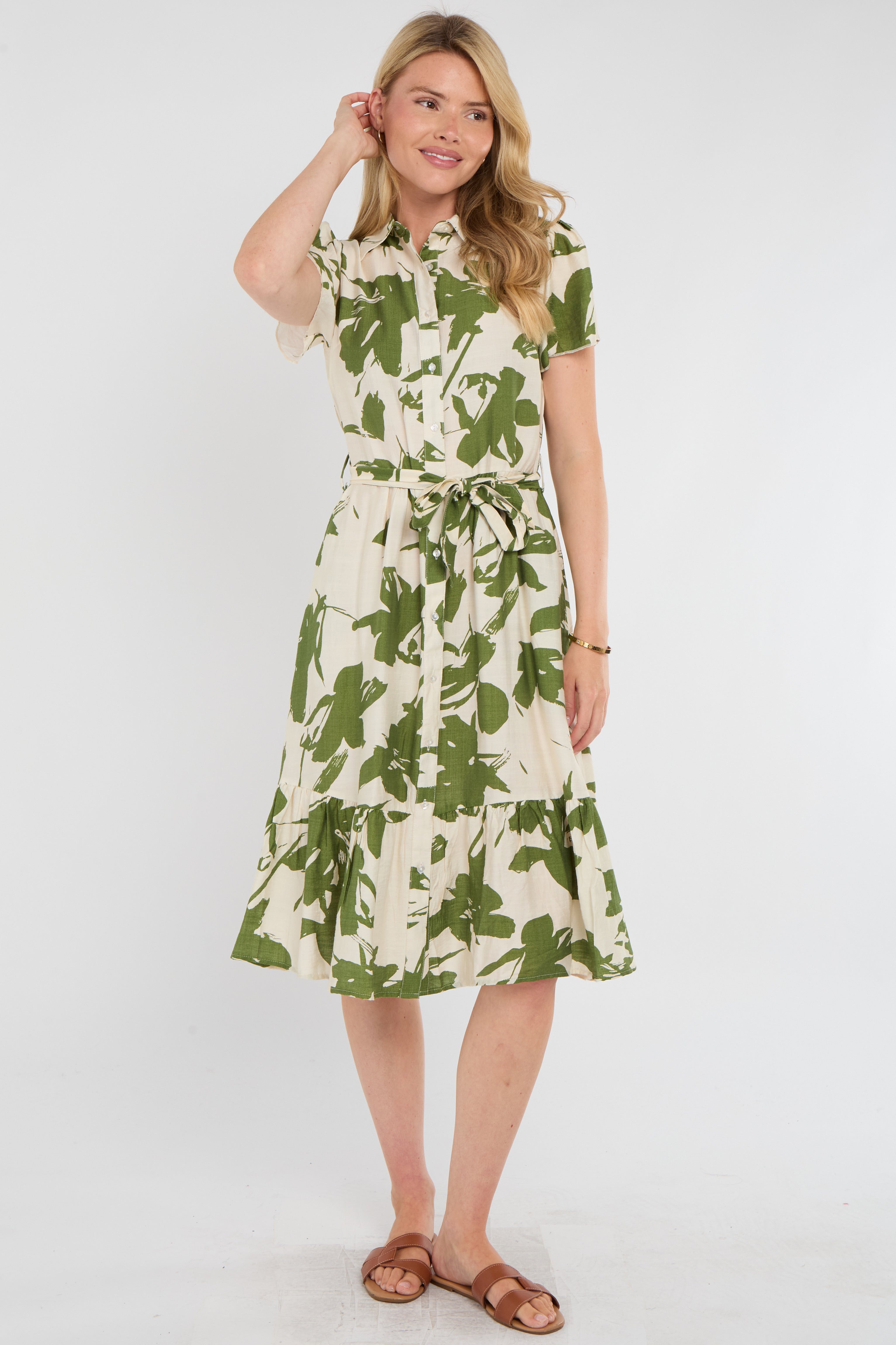 8Pcs Green Botanical Leaf Print Tiered Midi Shirt Dress