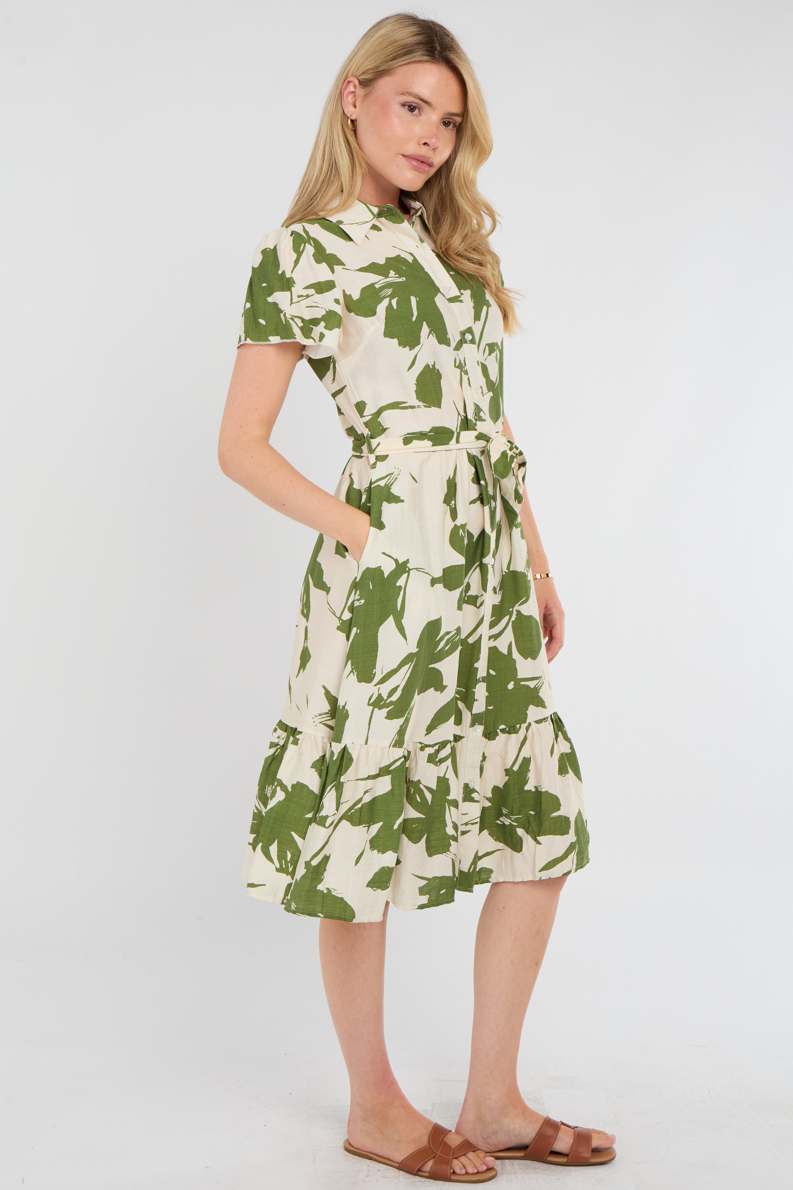 8Pcs Green Botanical Leaf Print Tiered Midi Shirt Dress