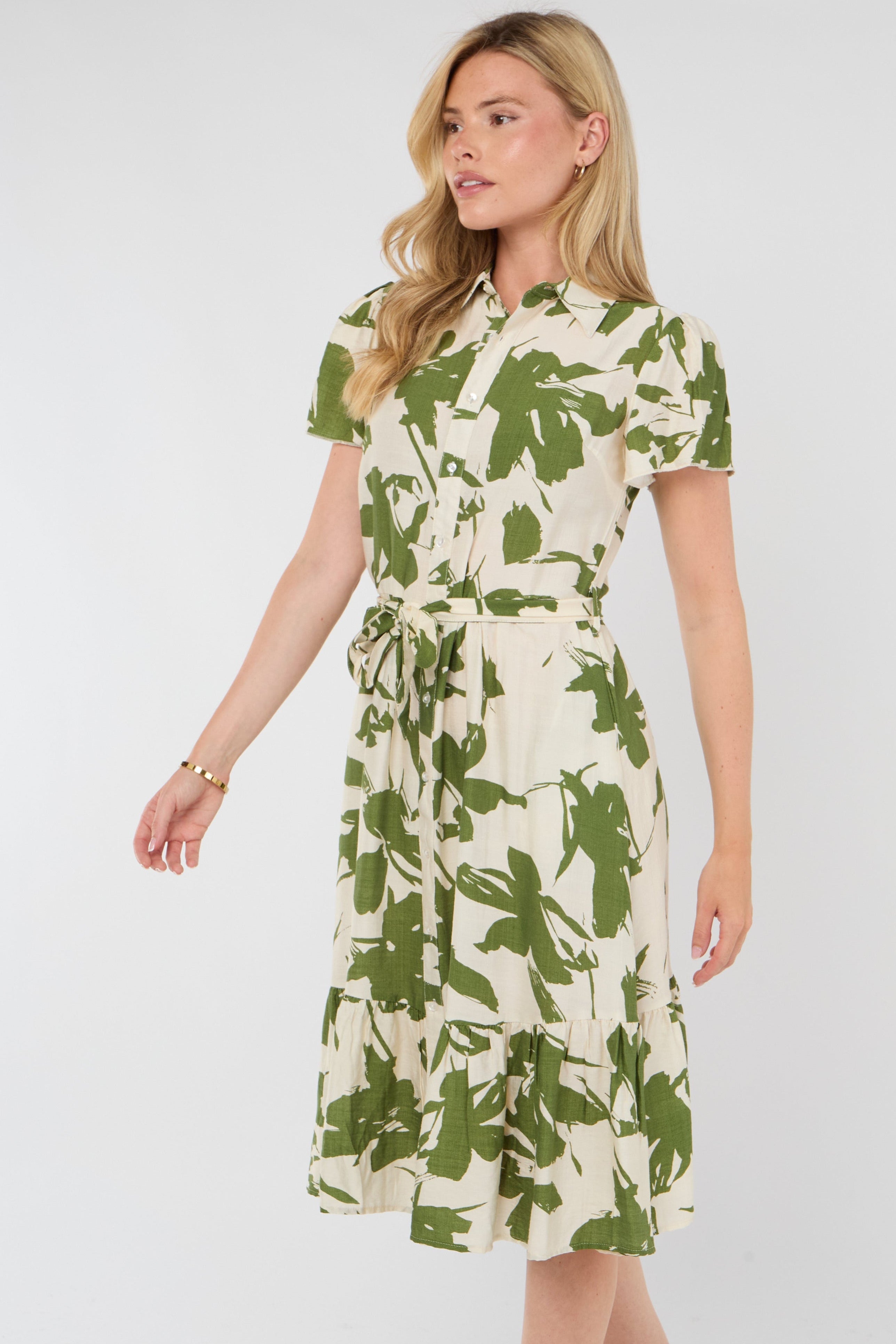 8Pcs Green Botanical Leaf Print Tiered Midi Shirt Dress