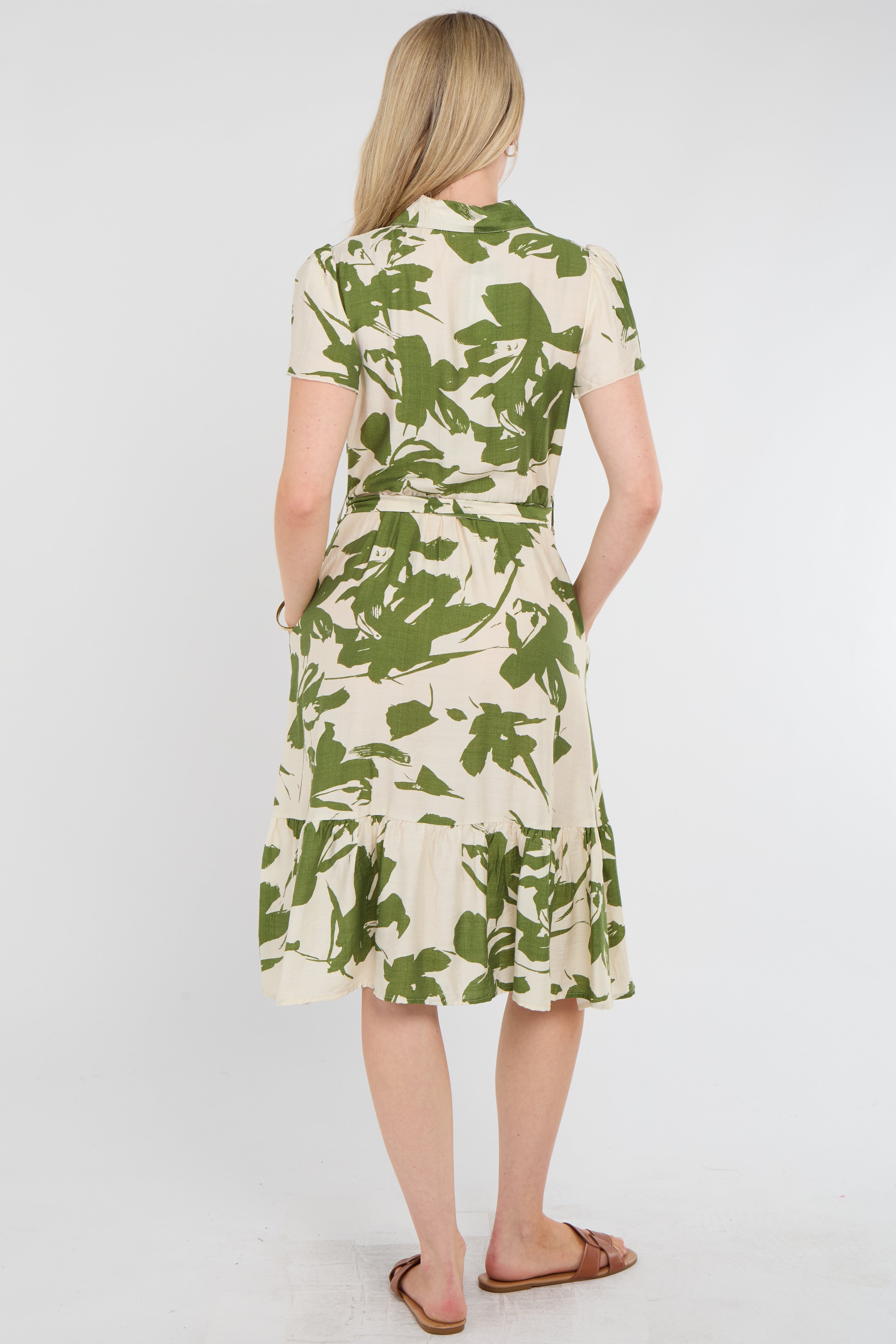 8Pcs Green Botanical Leaf Print Tiered Midi Shirt Dress