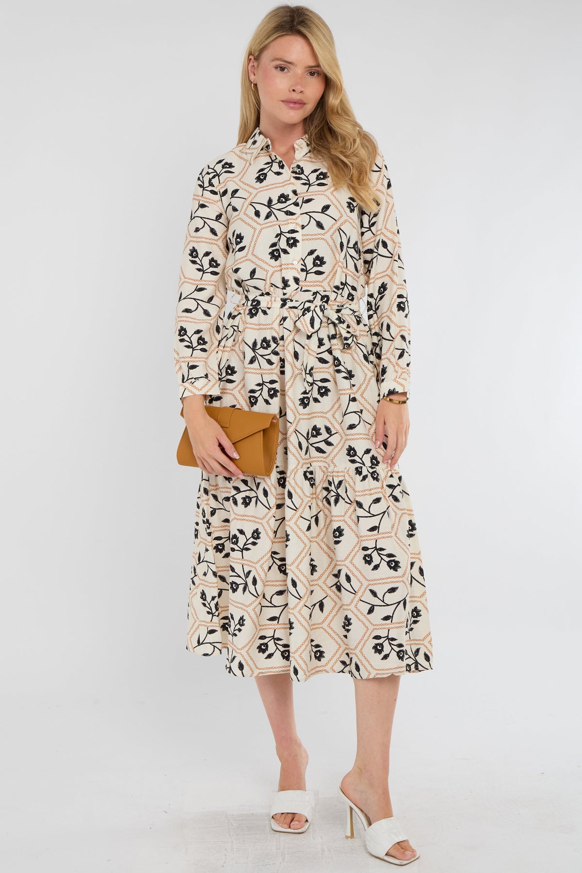 8Pcs Ivory and Black Geo Floral Smock Midaxi Shirt Dress