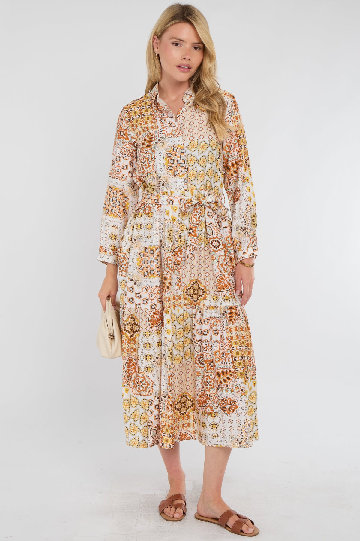 8Pcs Golden Sunset Patchwork Print Shirt Dress
