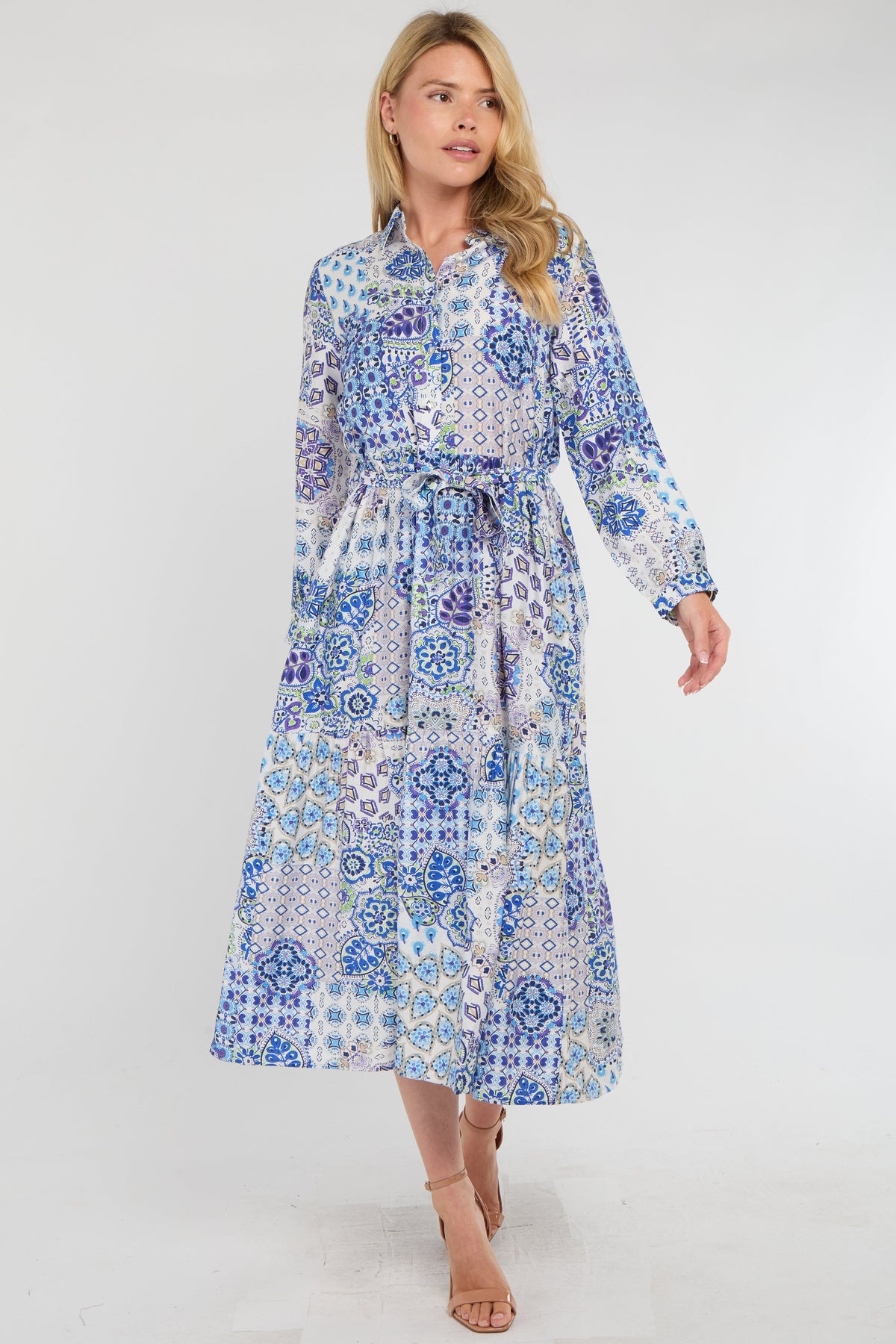 8Pcs Mediterranean Blue Patchwork Print Shirt Dress