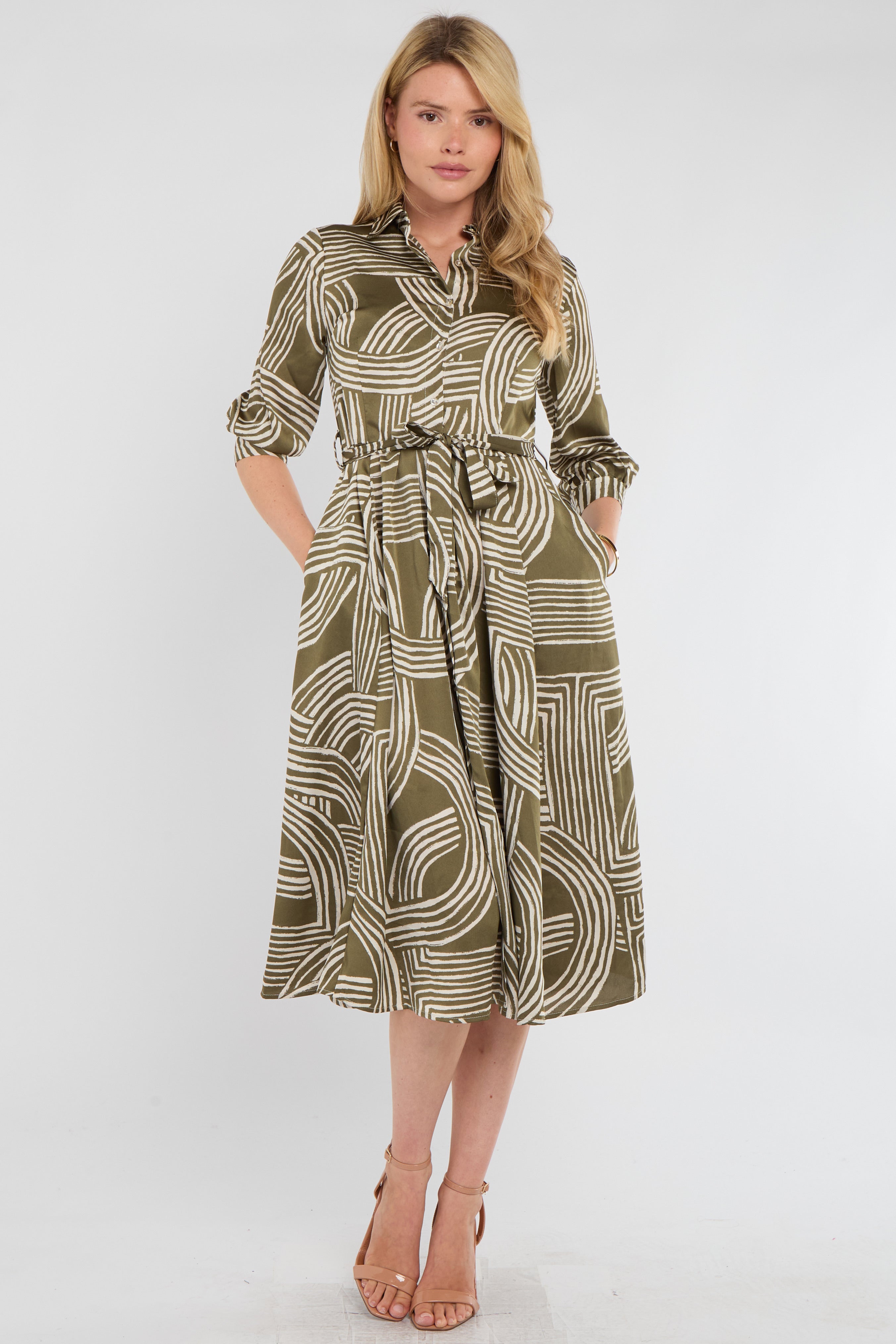 8Pcs Khaki Geometric Print Half Sleeve Midi Shirt Dress
