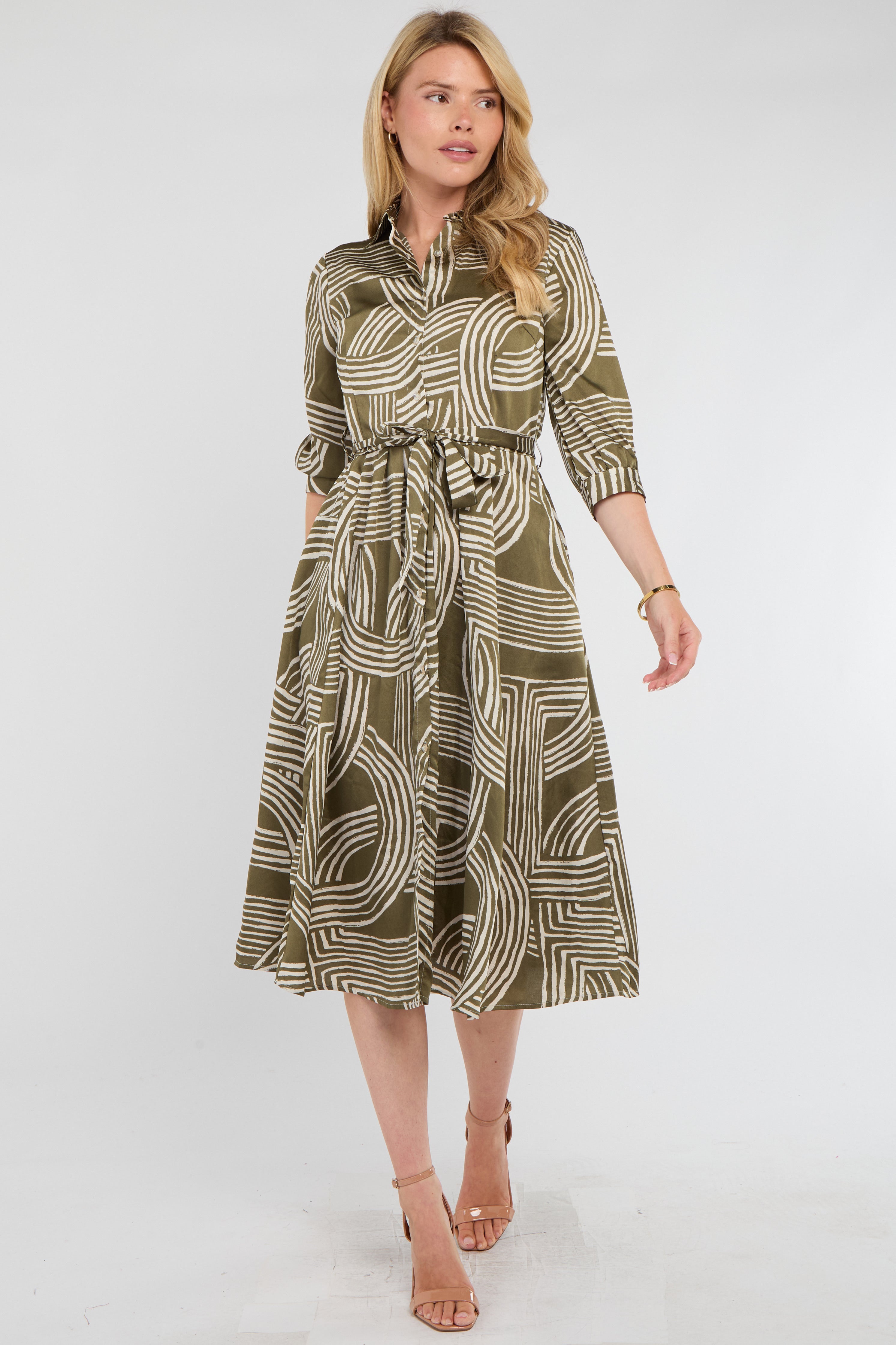 8Pcs Khaki Geometric Print Half Sleeve Midi Shirt Dress