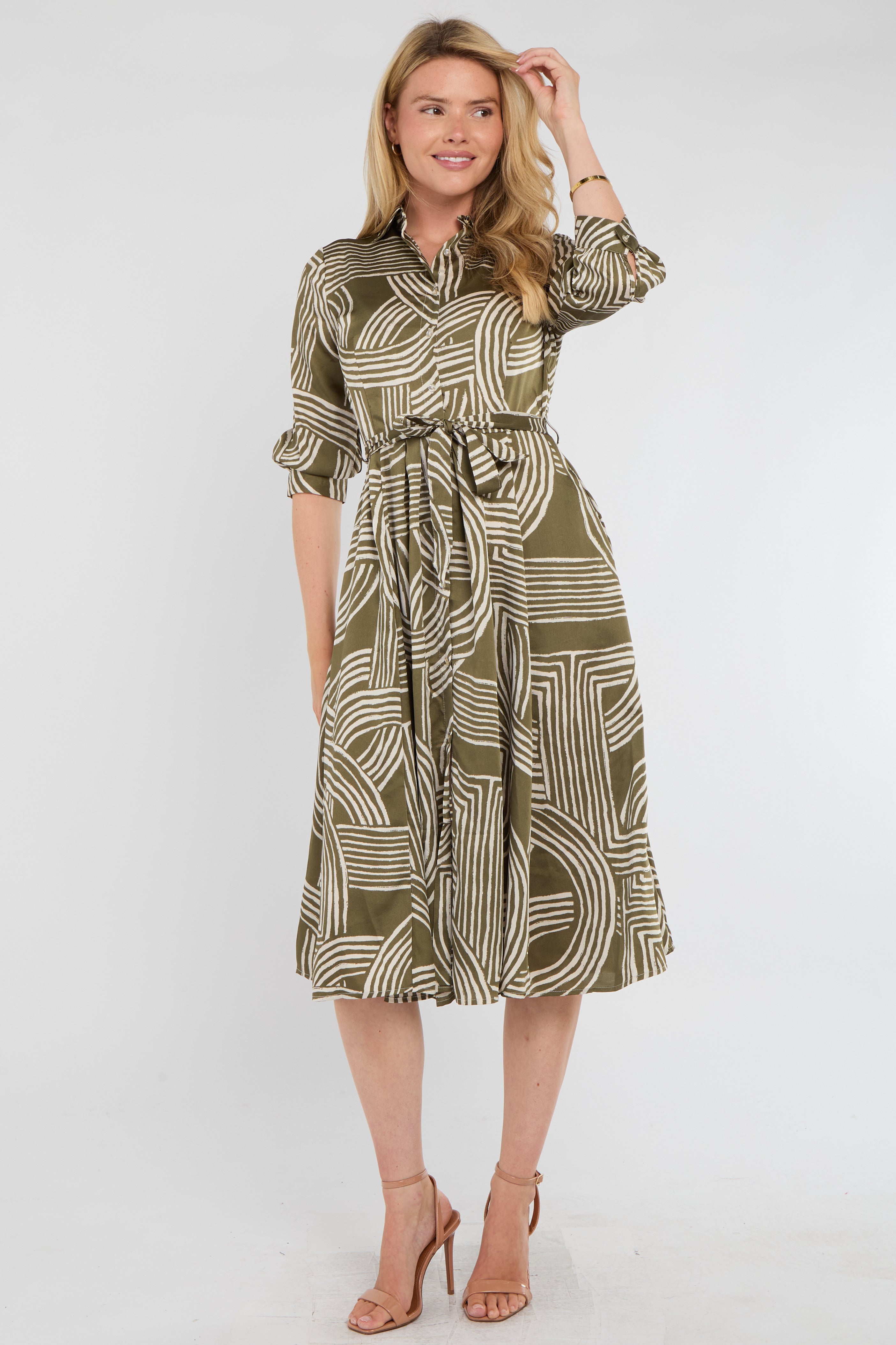 8Pcs Khaki Geometric Print Half Sleeve Midi Shirt Dress