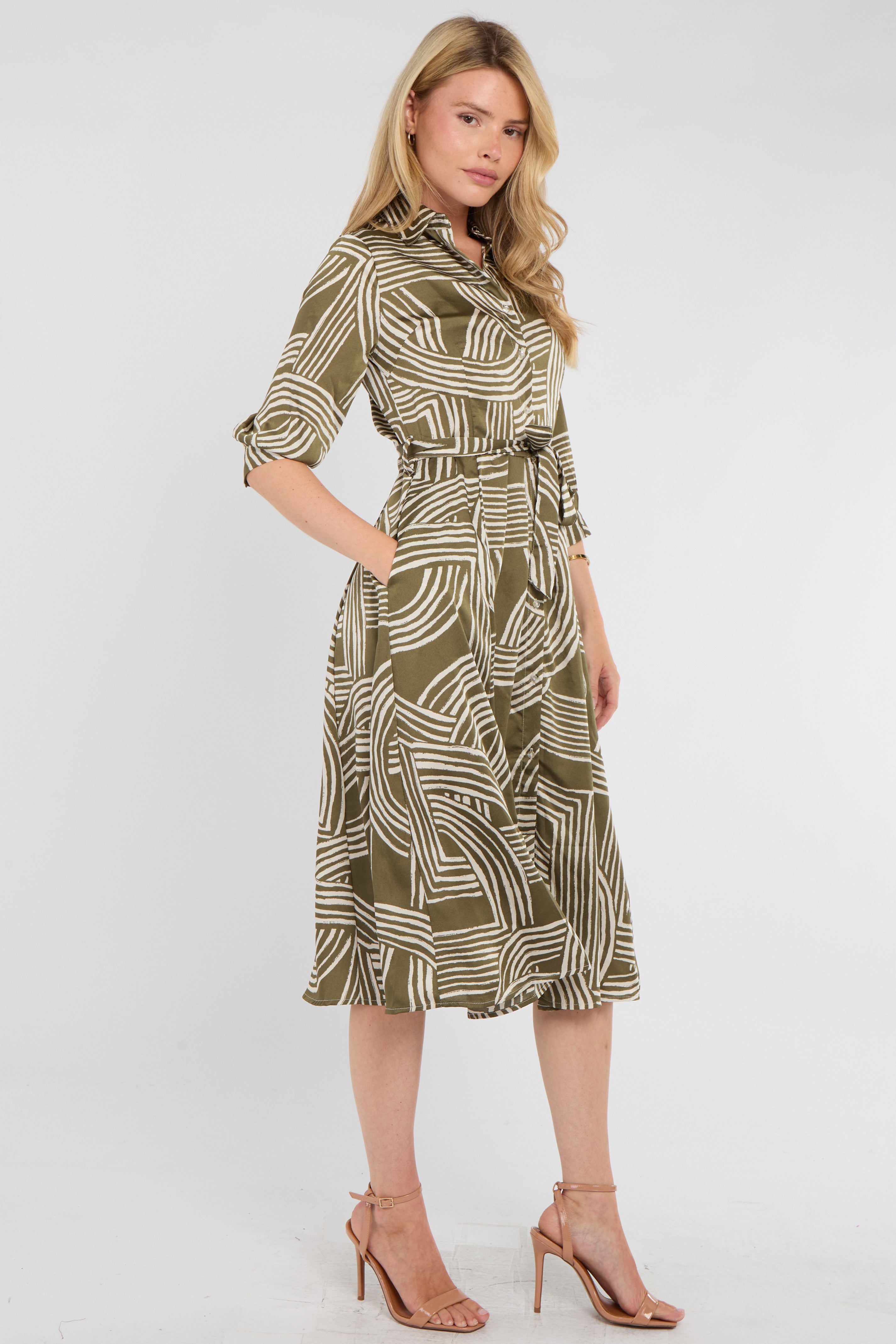 8Pcs Khaki Geometric Print Half Sleeve Midi Shirt Dress