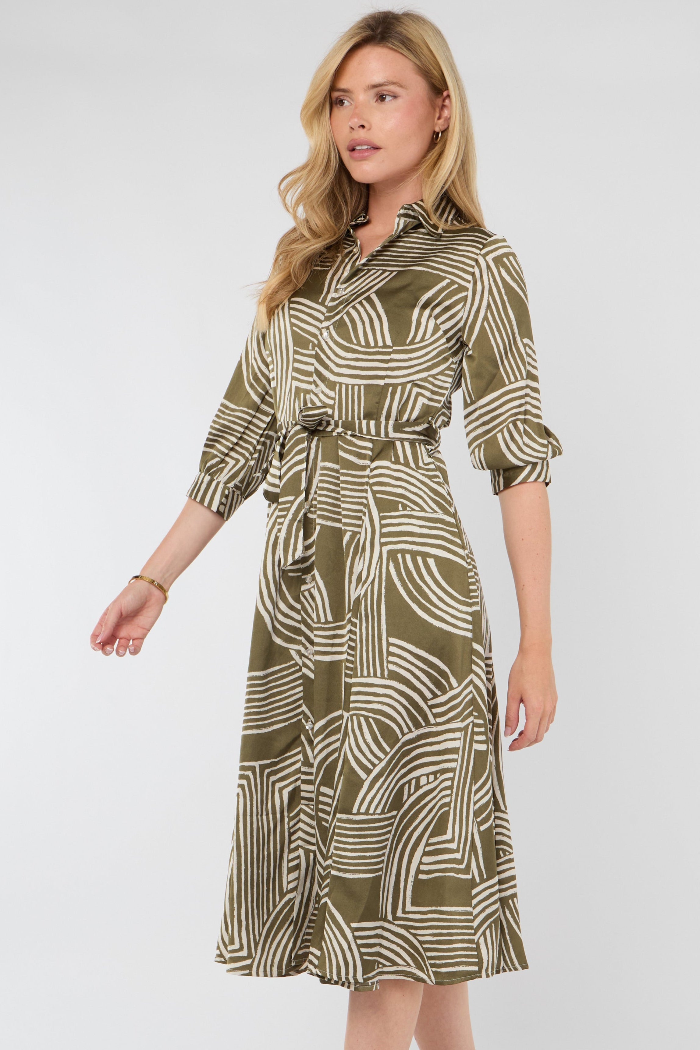 8Pcs Khaki Geometric Print Half Sleeve Midi Shirt Dress