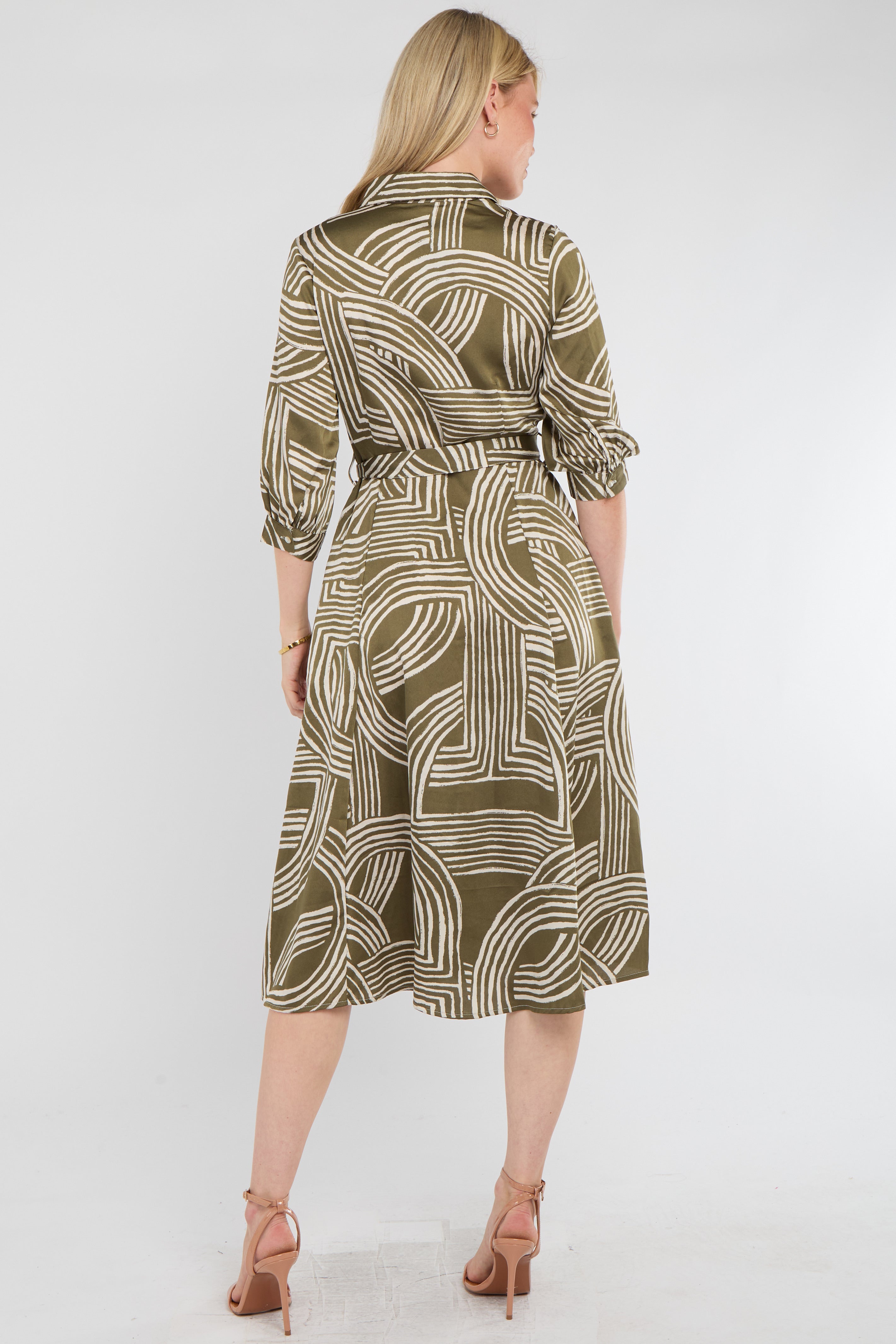8Pcs Khaki Geometric Print Half Sleeve Midi Shirt Dress