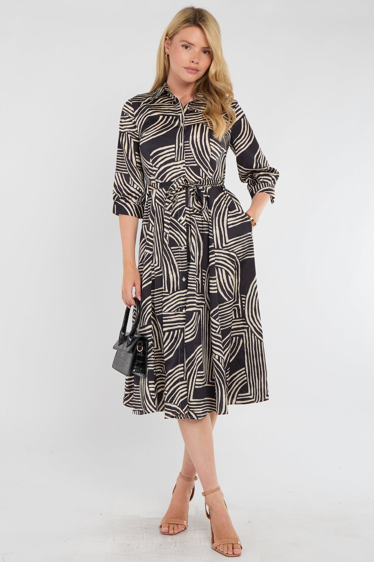 8Pcs Black Geometric Print Half Sleeve Midi Shirt Dress