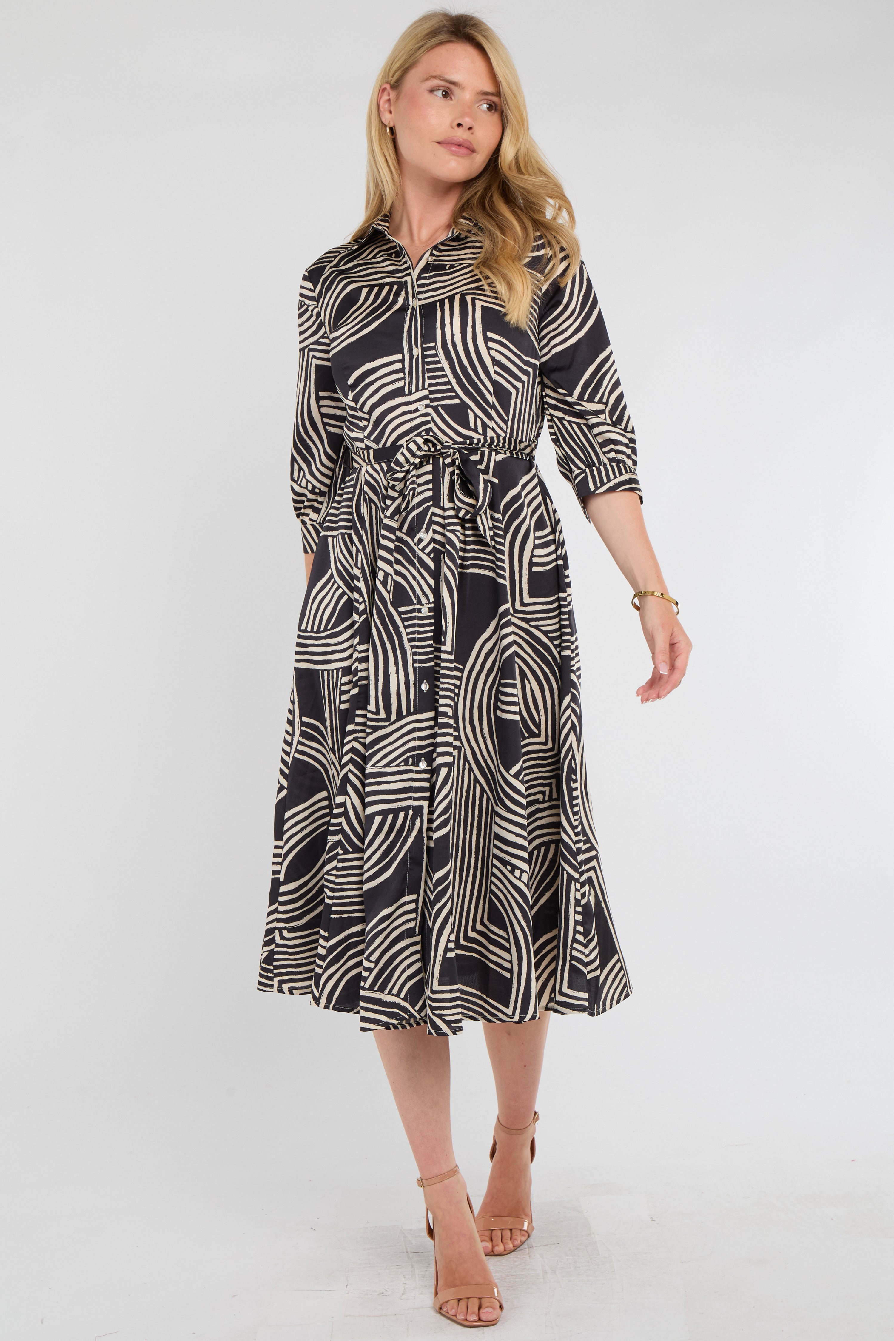 8Pcs Black Geometric Print Half Sleeve Midi Shirt Dress
