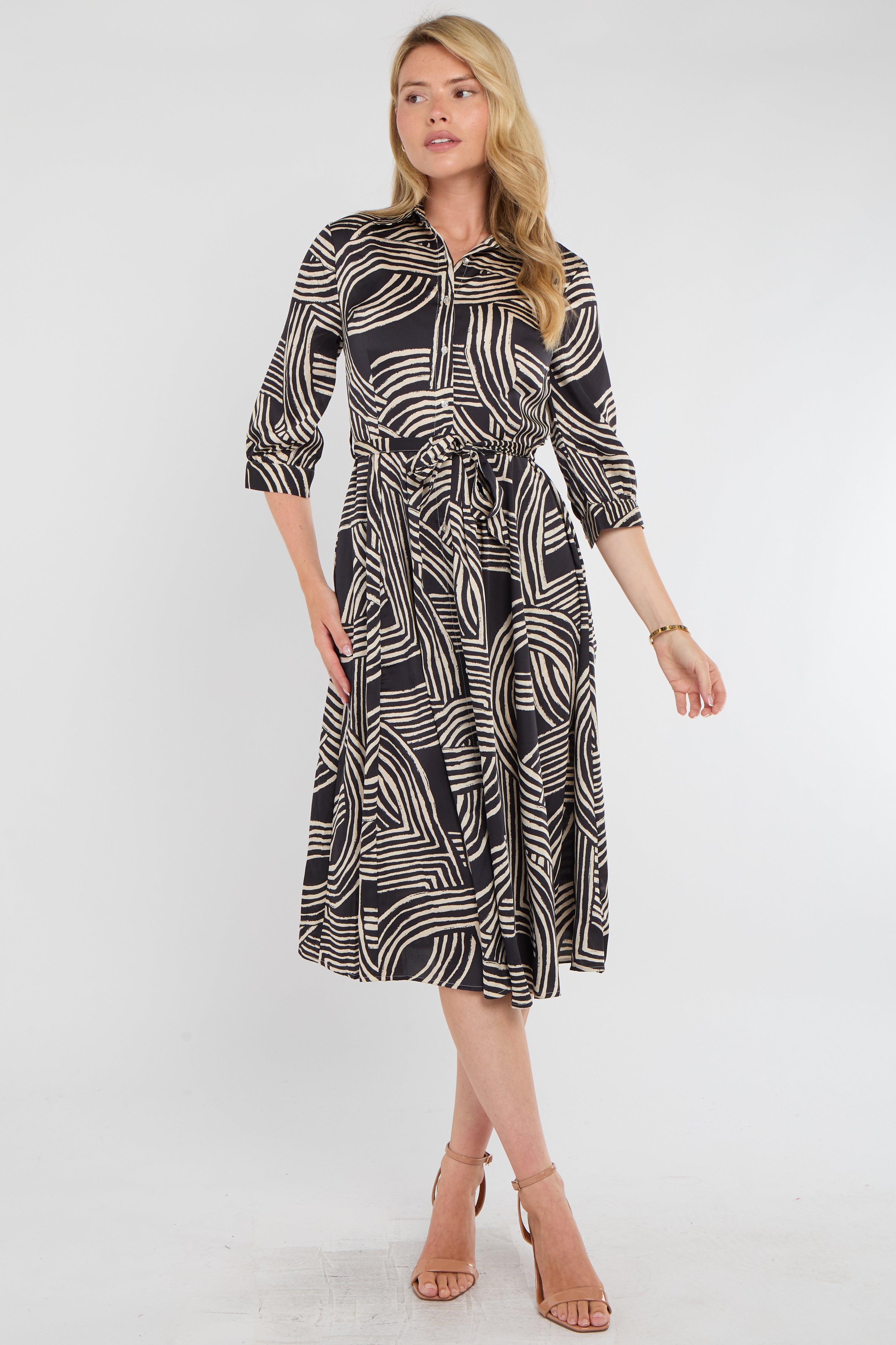 8Pcs Black Geometric Print Half Sleeve Midi Shirt Dress