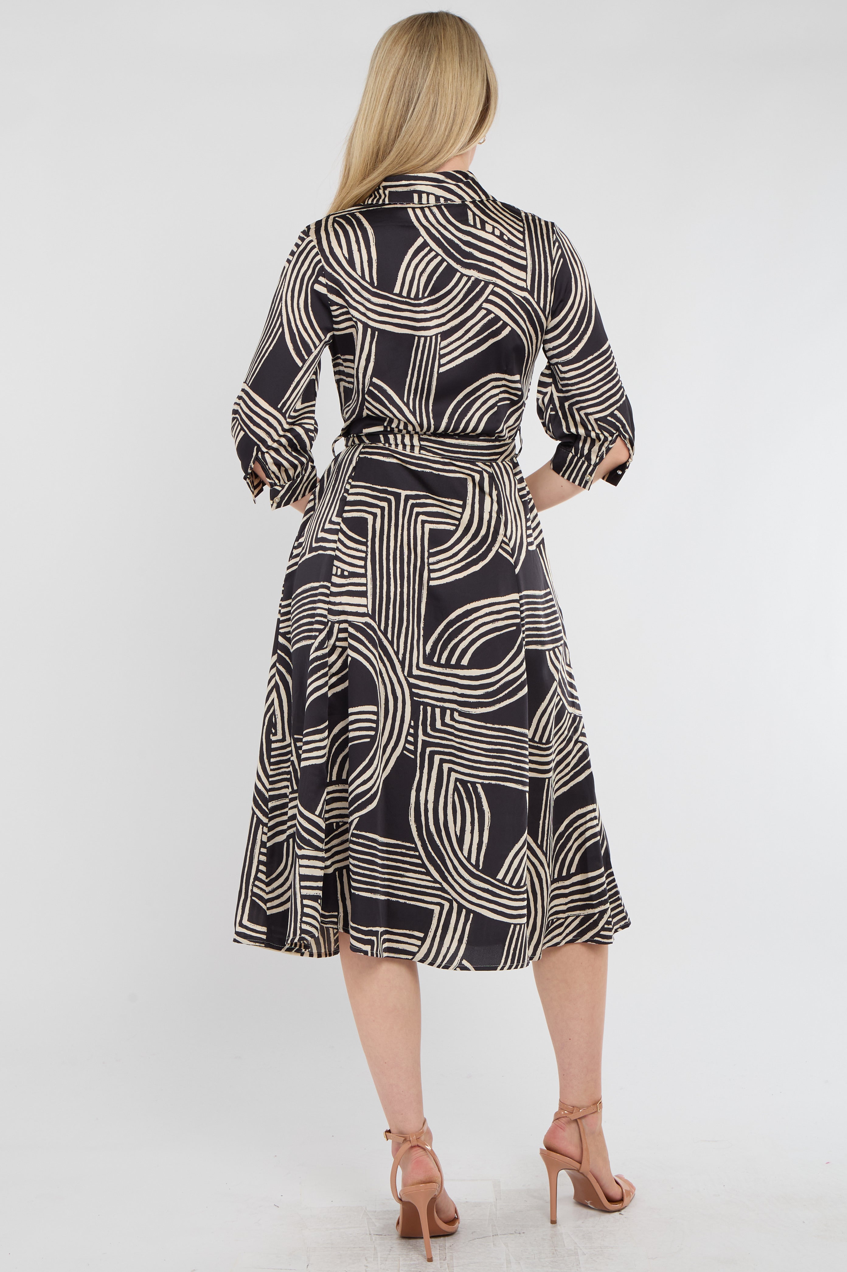8Pcs Black Geometric Print Half Sleeve Midi Shirt Dress