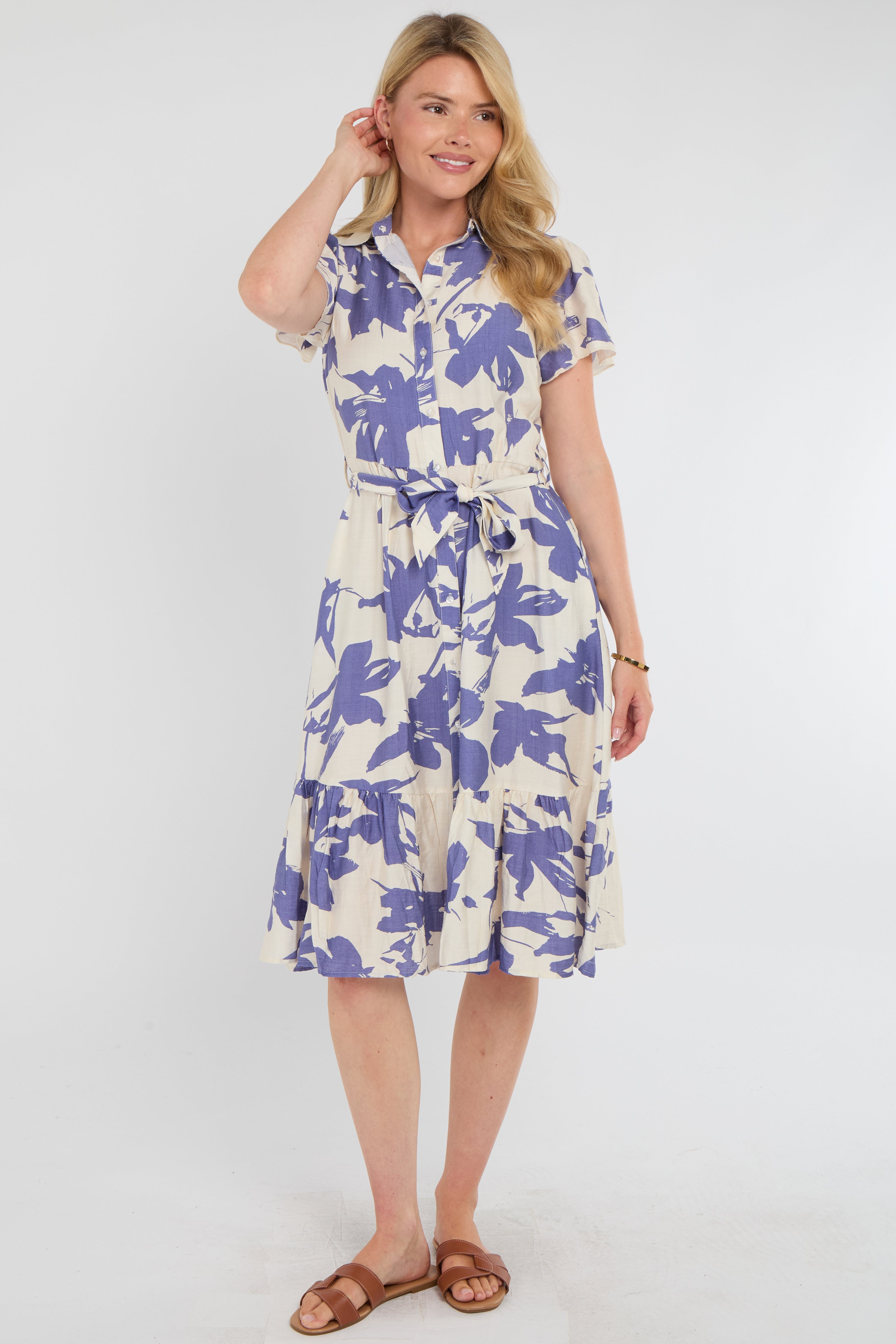 8Pcs Lilac Botanical Leaf Print Tiered Midi Shirt Dress