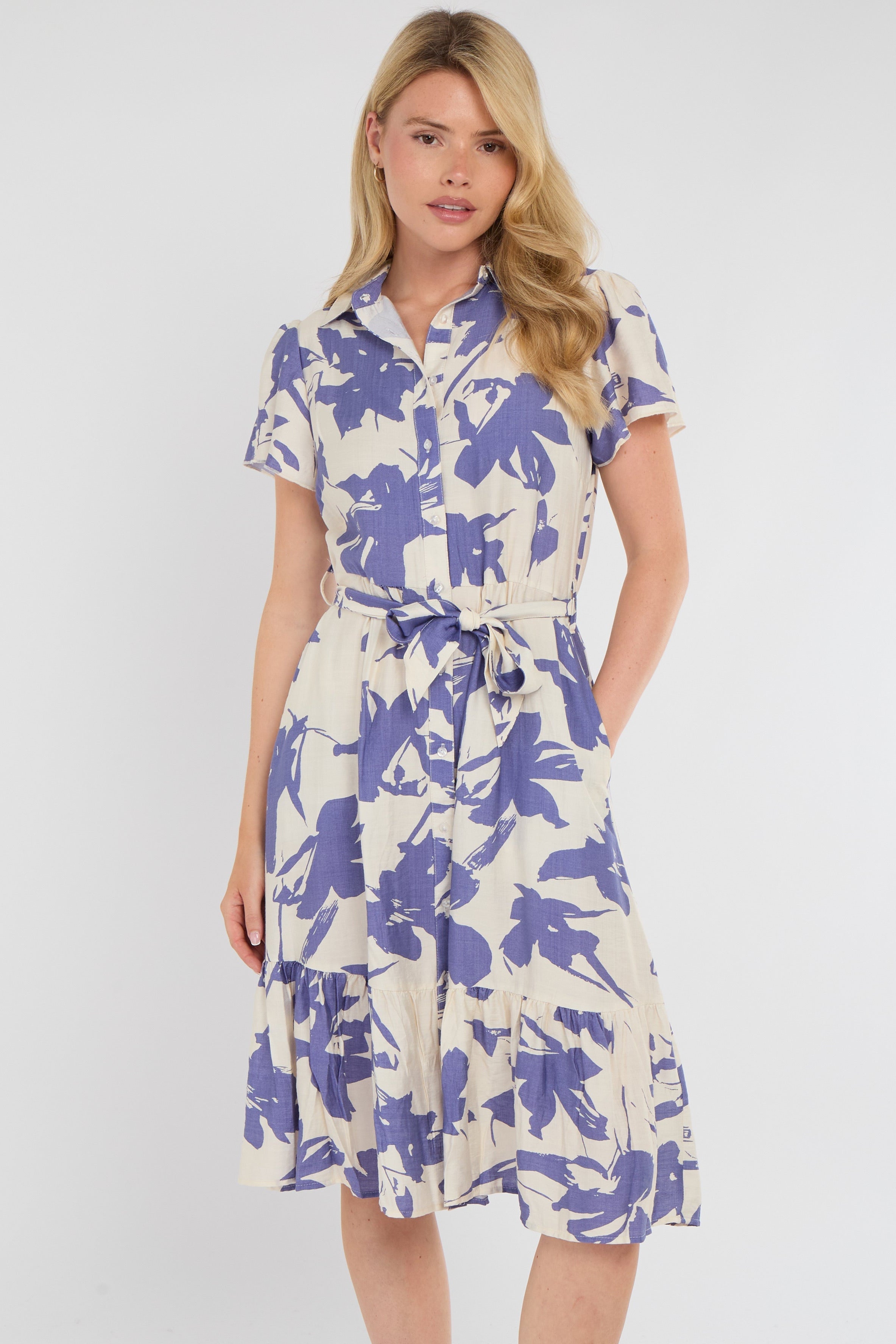 8Pcs Lilac Botanical Leaf Print Tiered Midi Shirt Dress