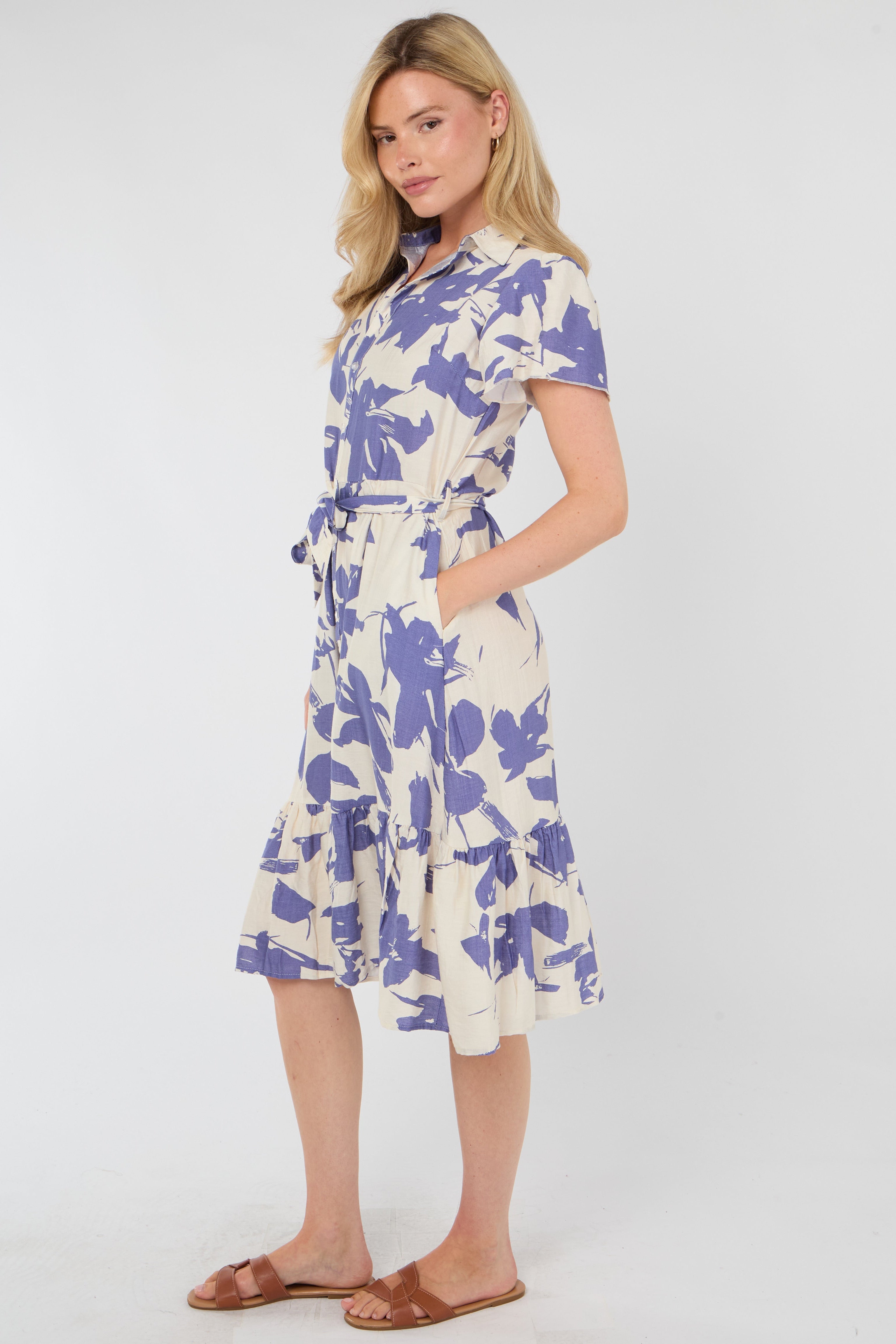 8Pcs Lilac Botanical Leaf Print Tiered Midi Shirt Dress