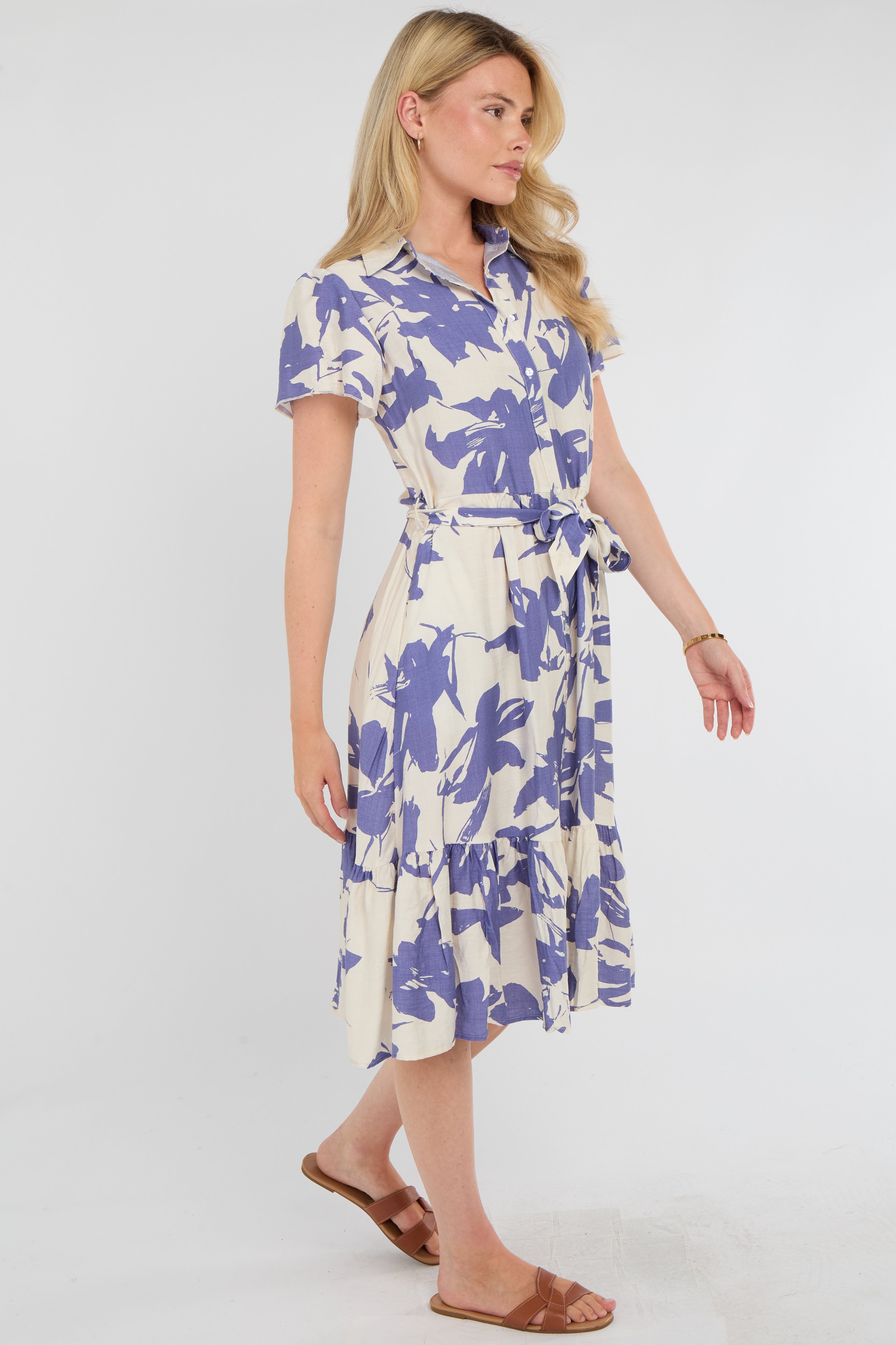 8Pcs Lilac Botanical Leaf Print Tiered Midi Shirt Dress