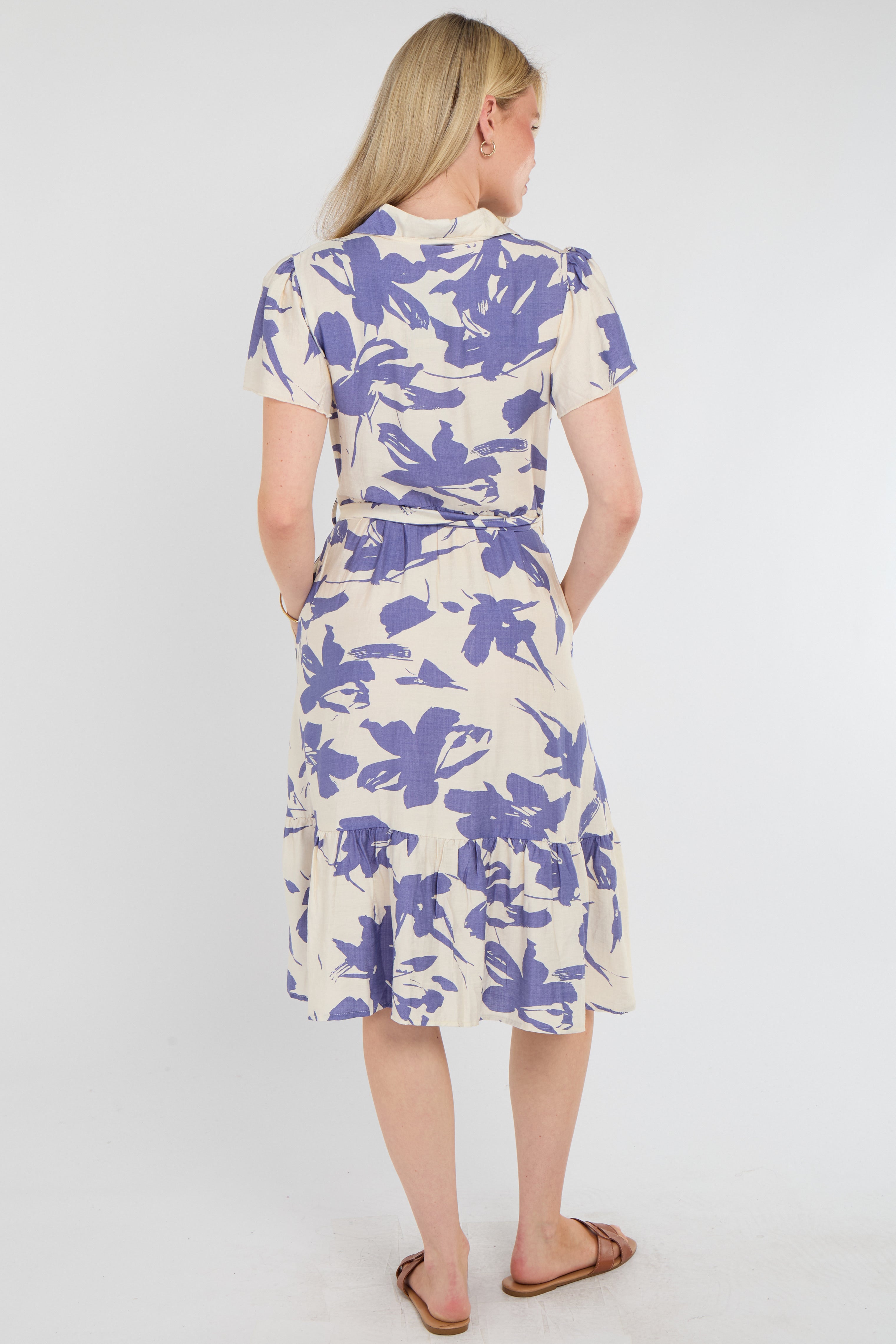 8Pcs Lilac Botanical Leaf Print Tiered Midi Shirt Dress