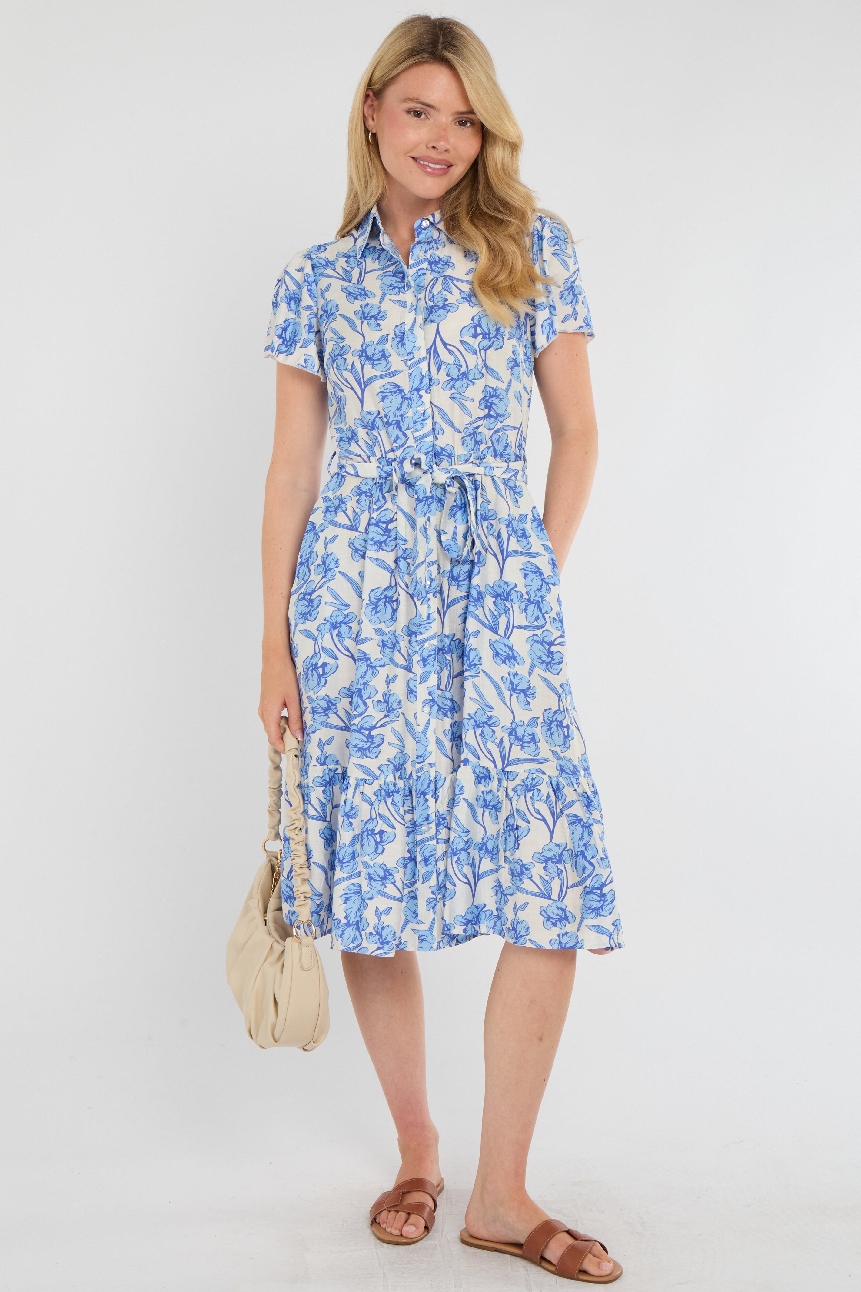 8Pcs Cornflower Blue Floral Print Midi Shirt Dress