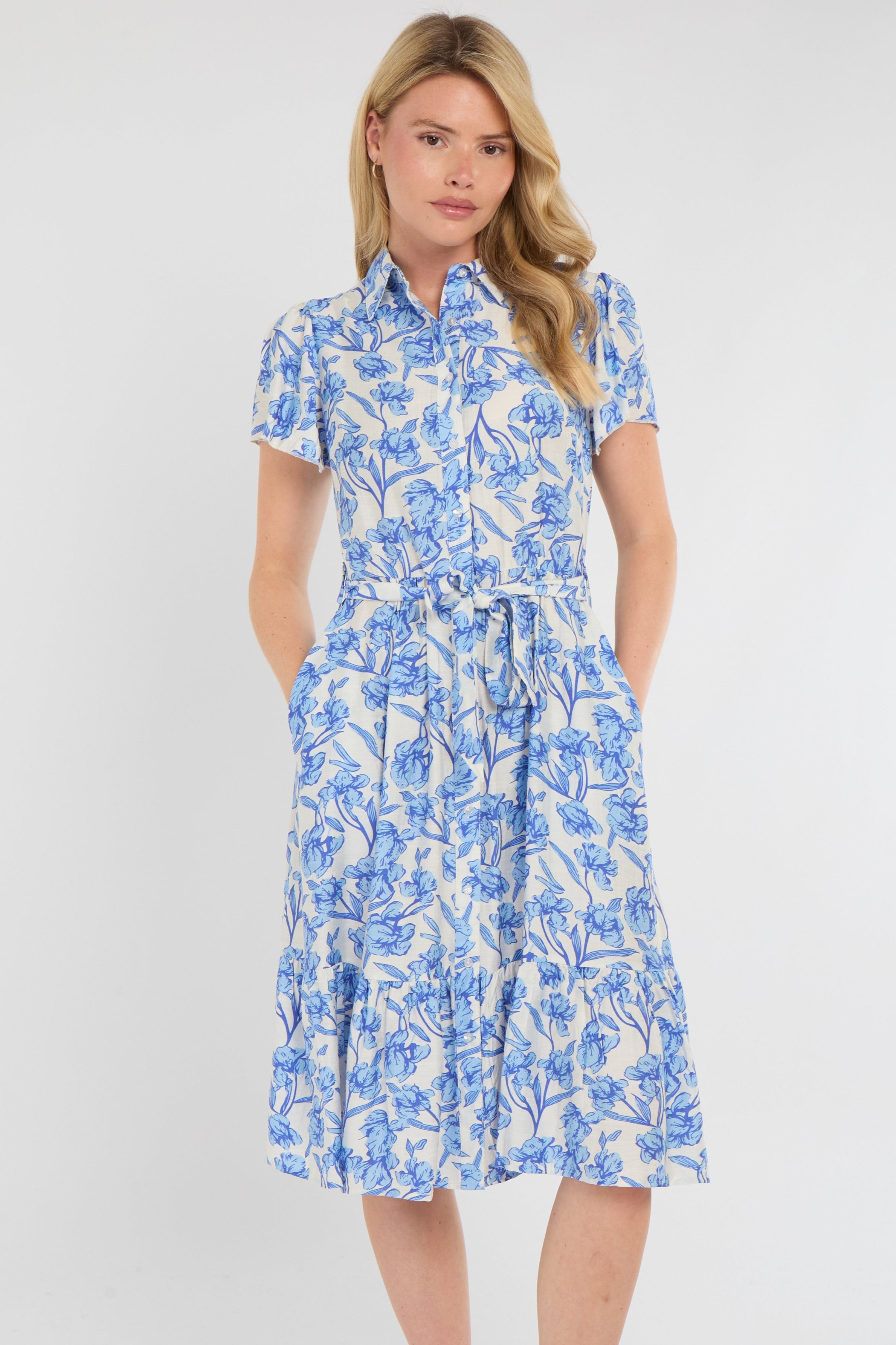 8Pcs Cornflower Blue Floral Print Midi Shirt Dress