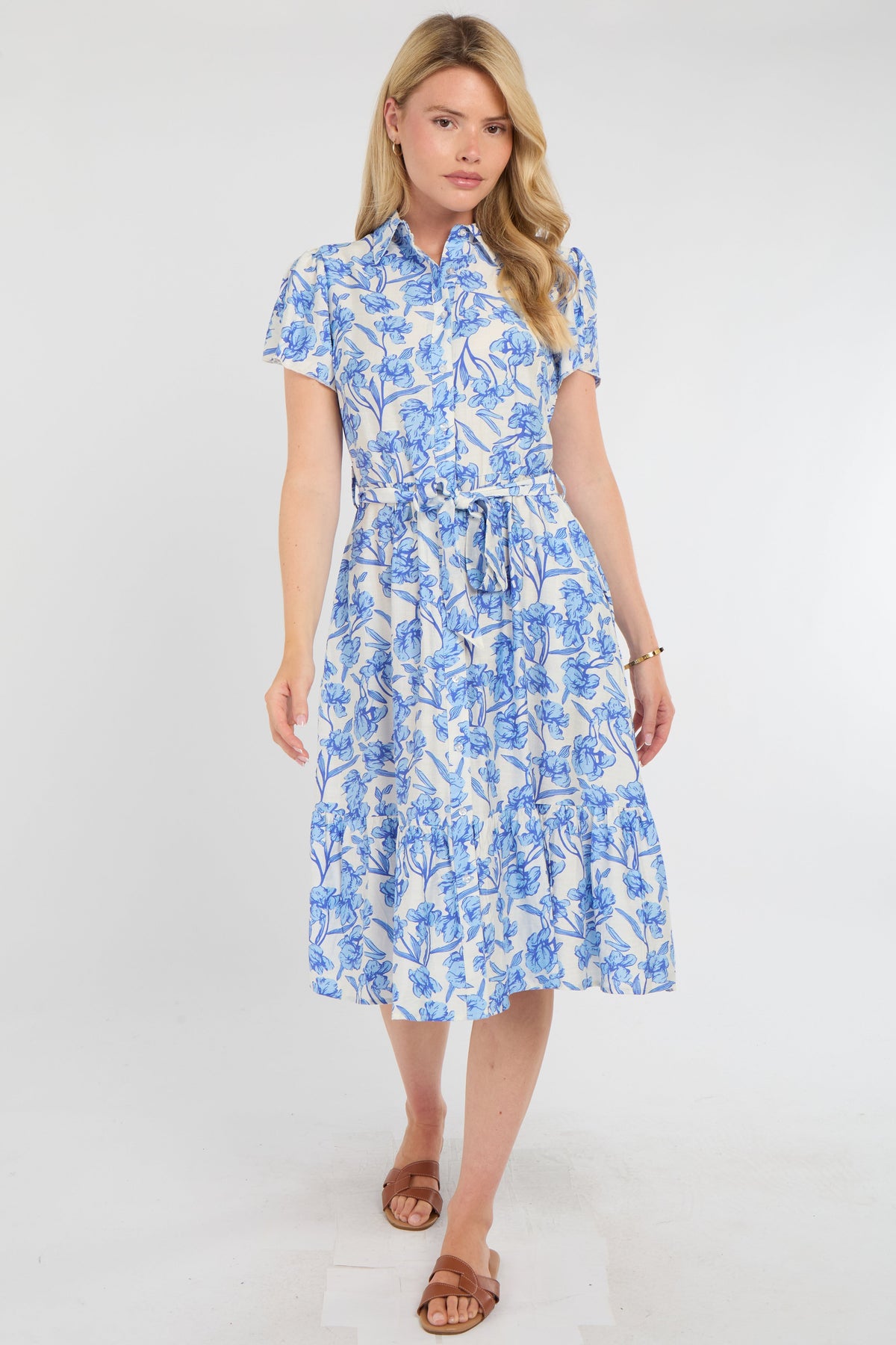 8Pcs Cornflower Blue Floral Print Midi Shirt Dress