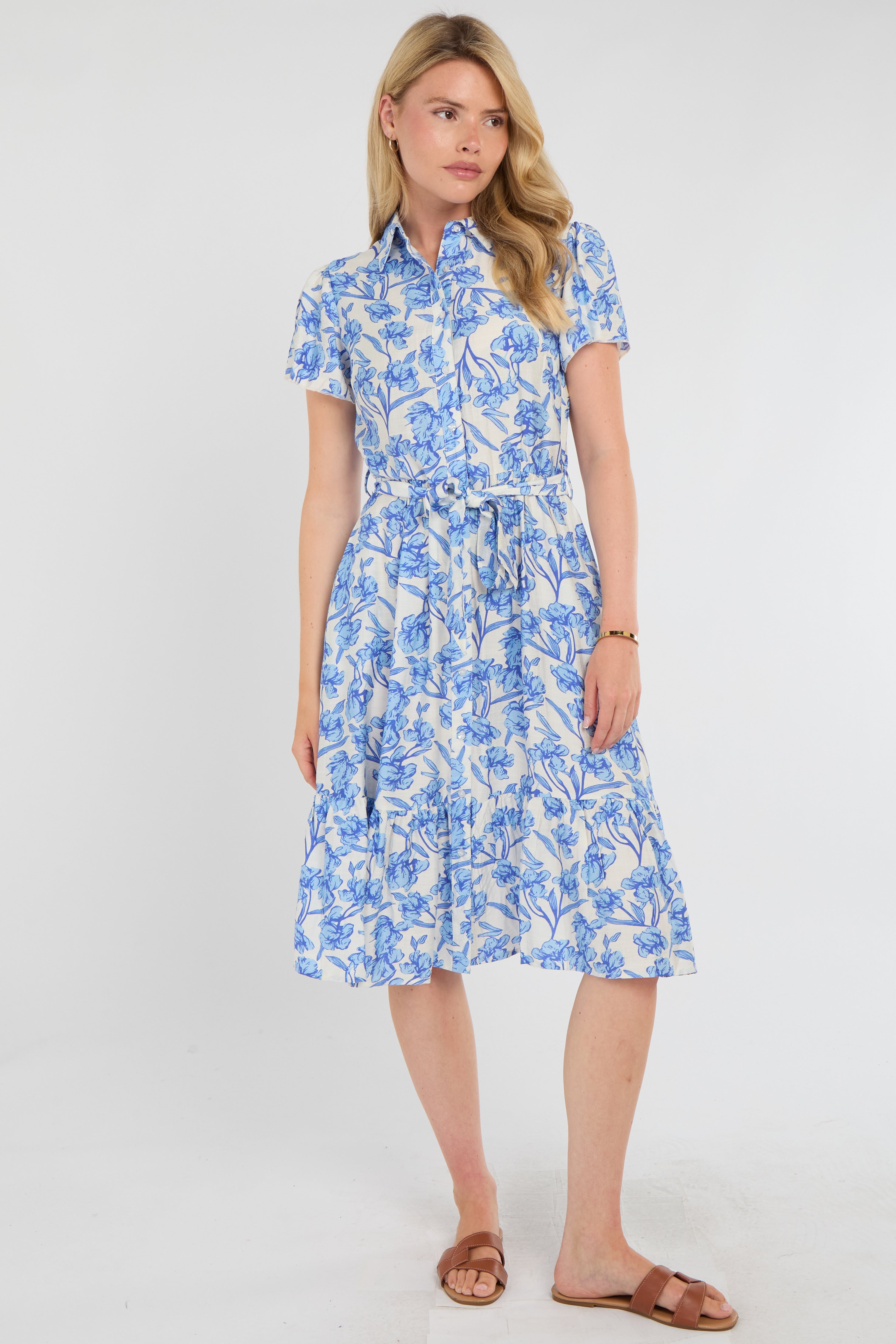 8Pcs Cornflower Blue Floral Print Midi Shirt Dress
