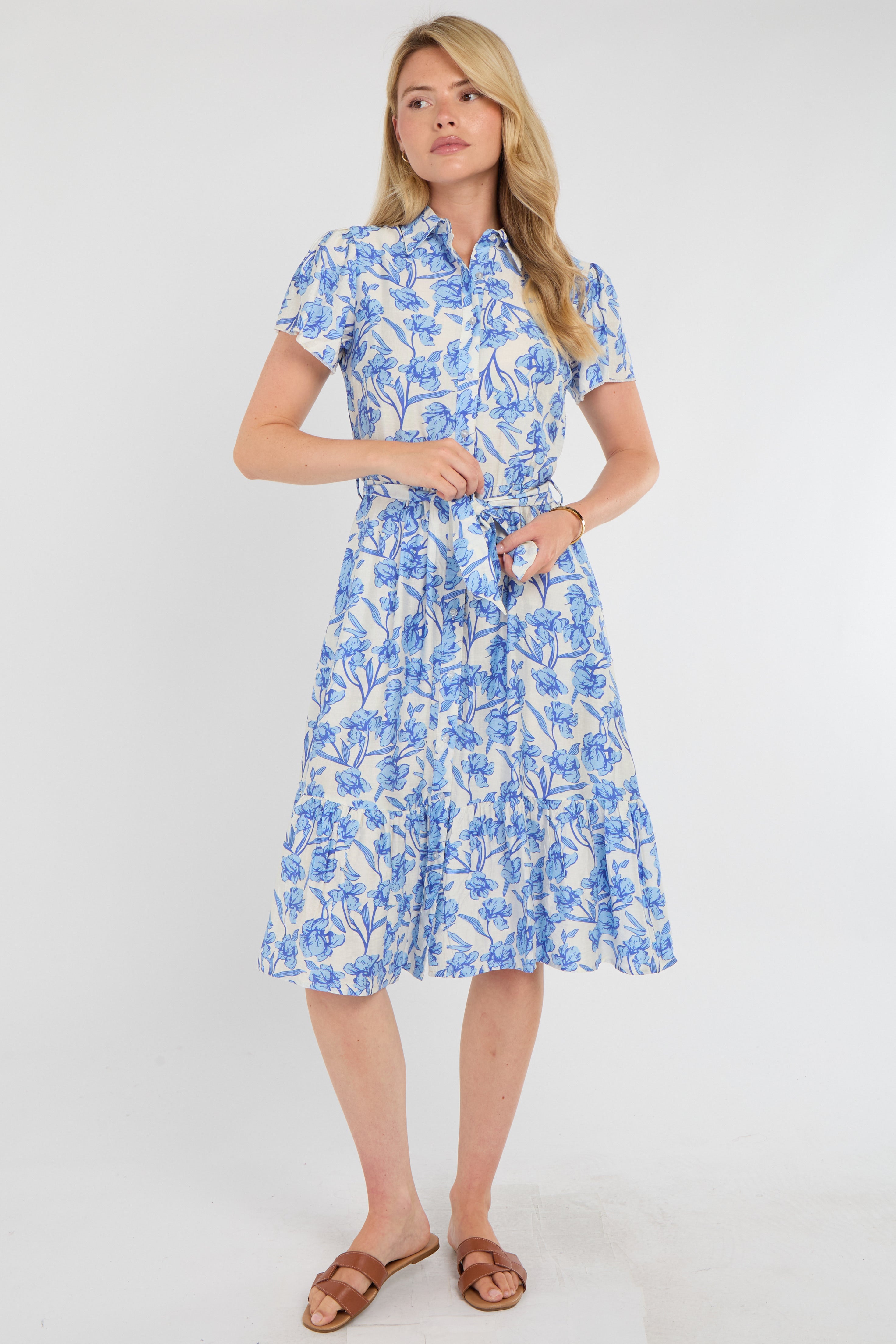 8Pcs Cornflower Blue Floral Print Midi Shirt Dress
