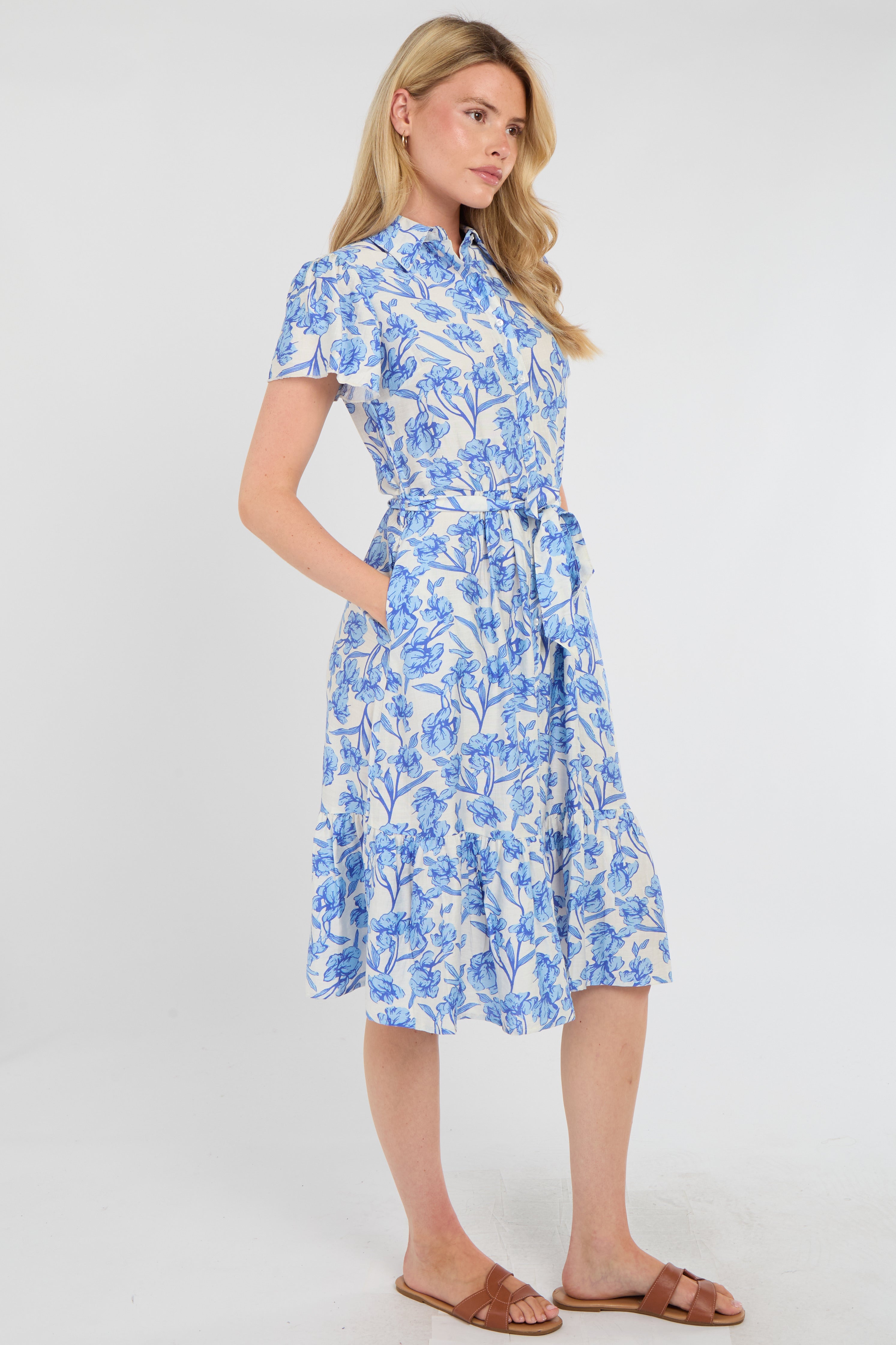 8Pcs Cornflower Blue Floral Print Midi Shirt Dress