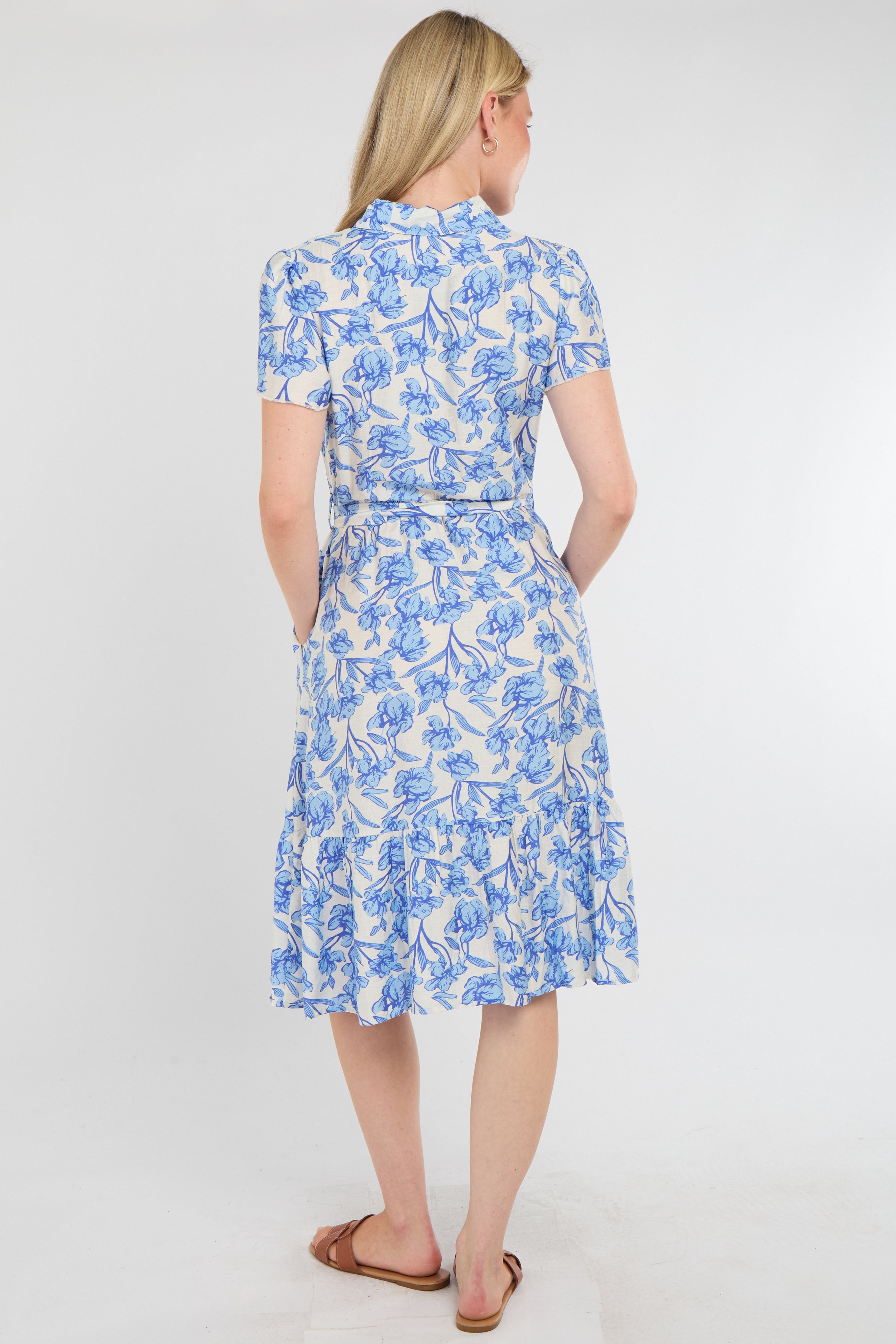 8Pcs Cornflower Blue Floral Print Midi Shirt Dress